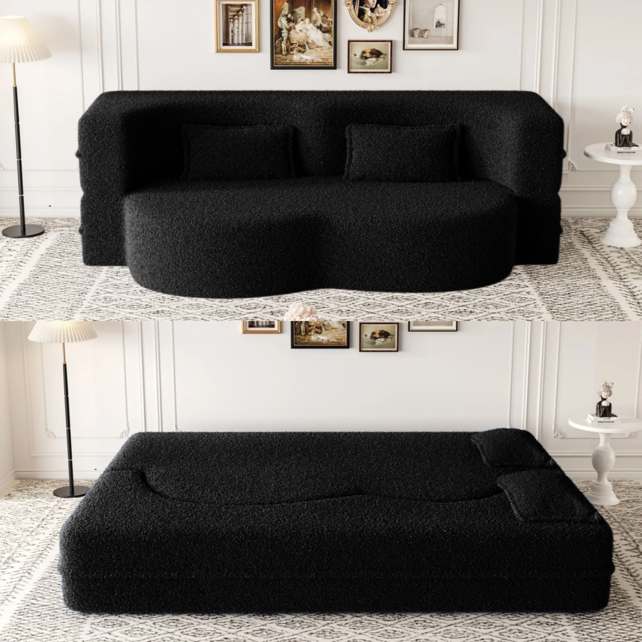 Modern Floor Sofa, With 2 Pillows, Convertible Teddy Fabric Foam Filled Bed - Image 12