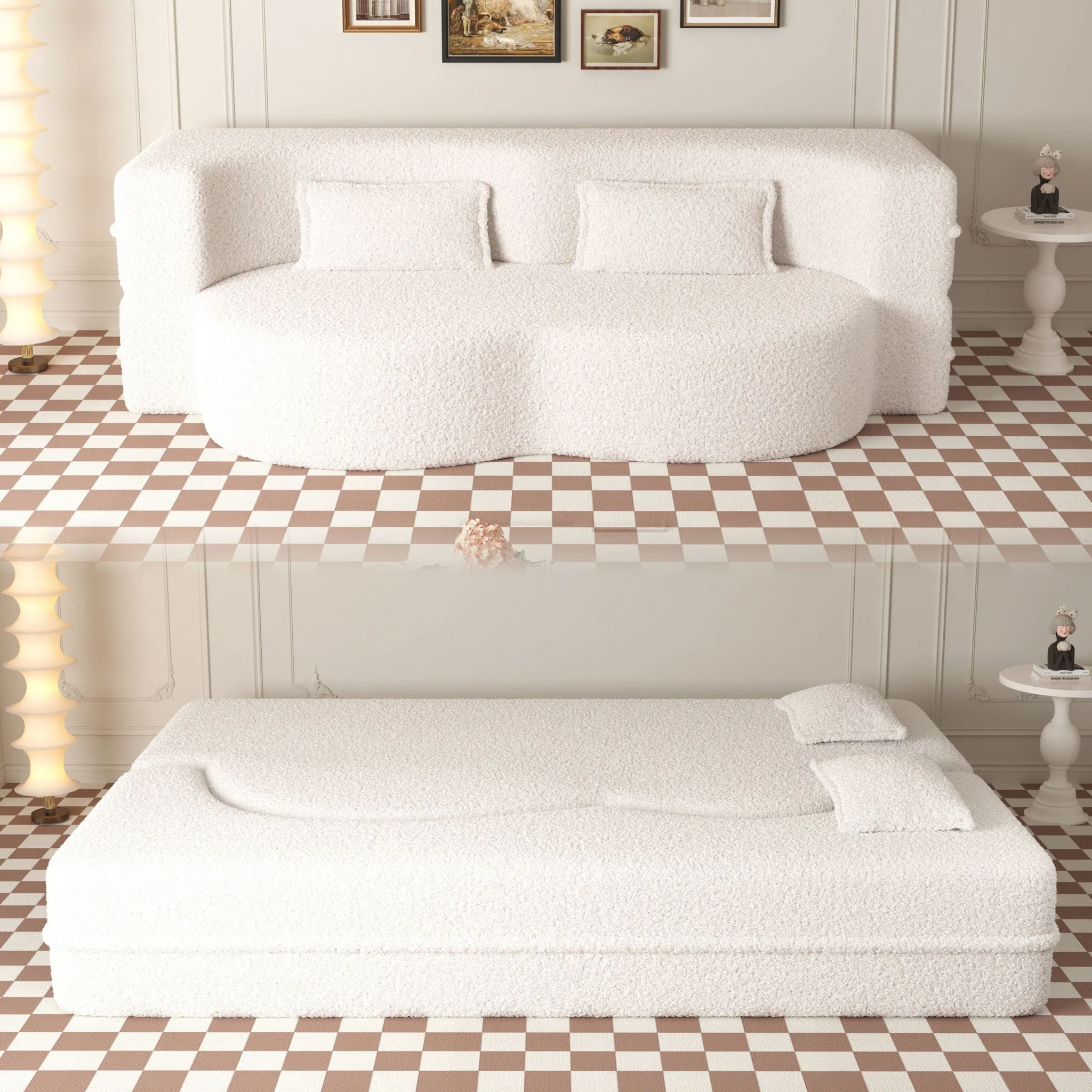Modern Floor Sofa, With 2 Pillows, Convertible Teddy Fabric Foam Filled Bed - Image 17