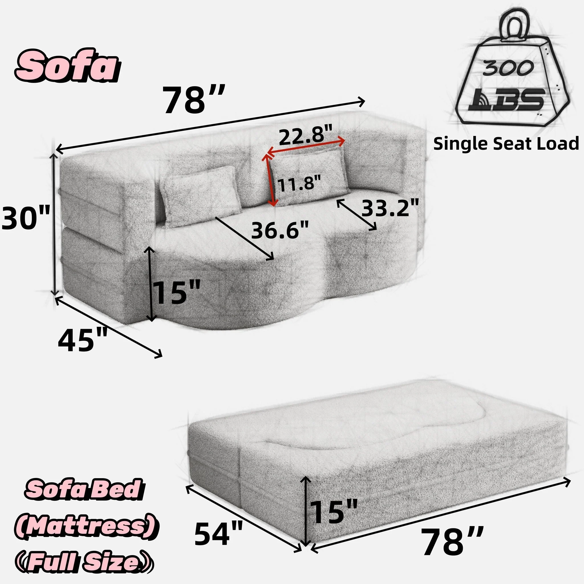 Modern Floor Sofa, With 2 Pillows, Convertible Teddy Fabric Foam Filled Bed - Image 18