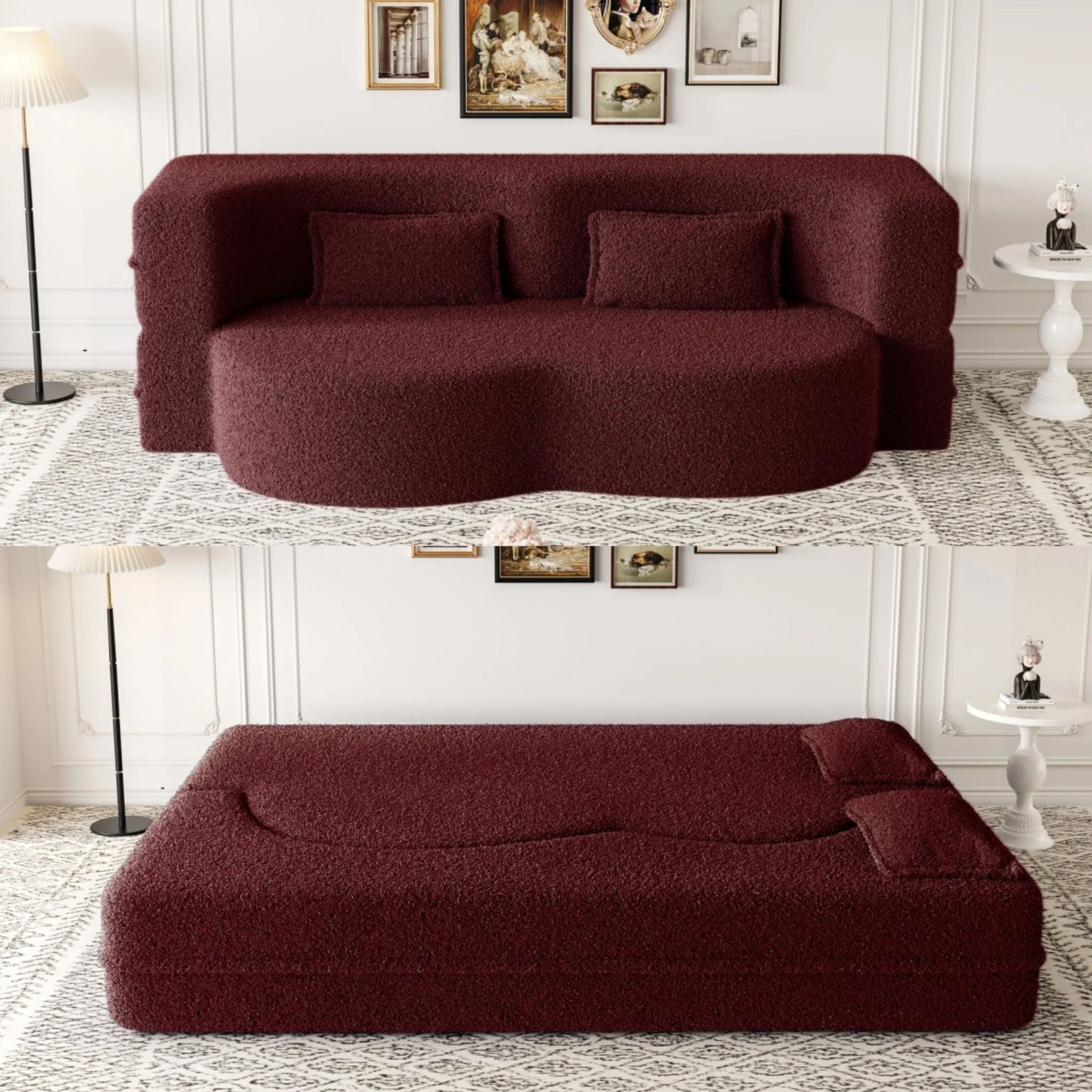 Modern Floor Sofa, With 2 Pillows, Convertible Teddy Fabric Foam Filled Bed - Image 19