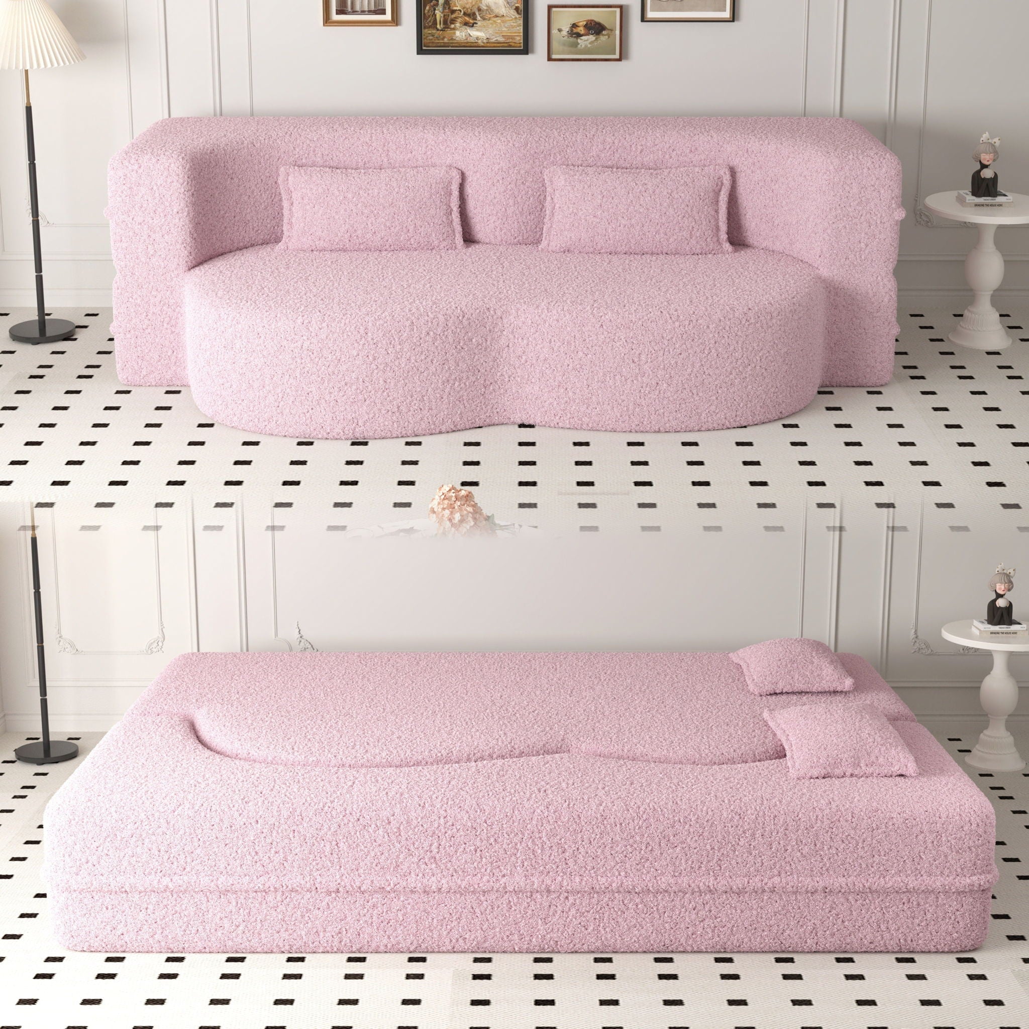 Modern Floor Sofa, With 2 Pillows, Convertible Teddy Fabric Foam Filled Bed - Image 21