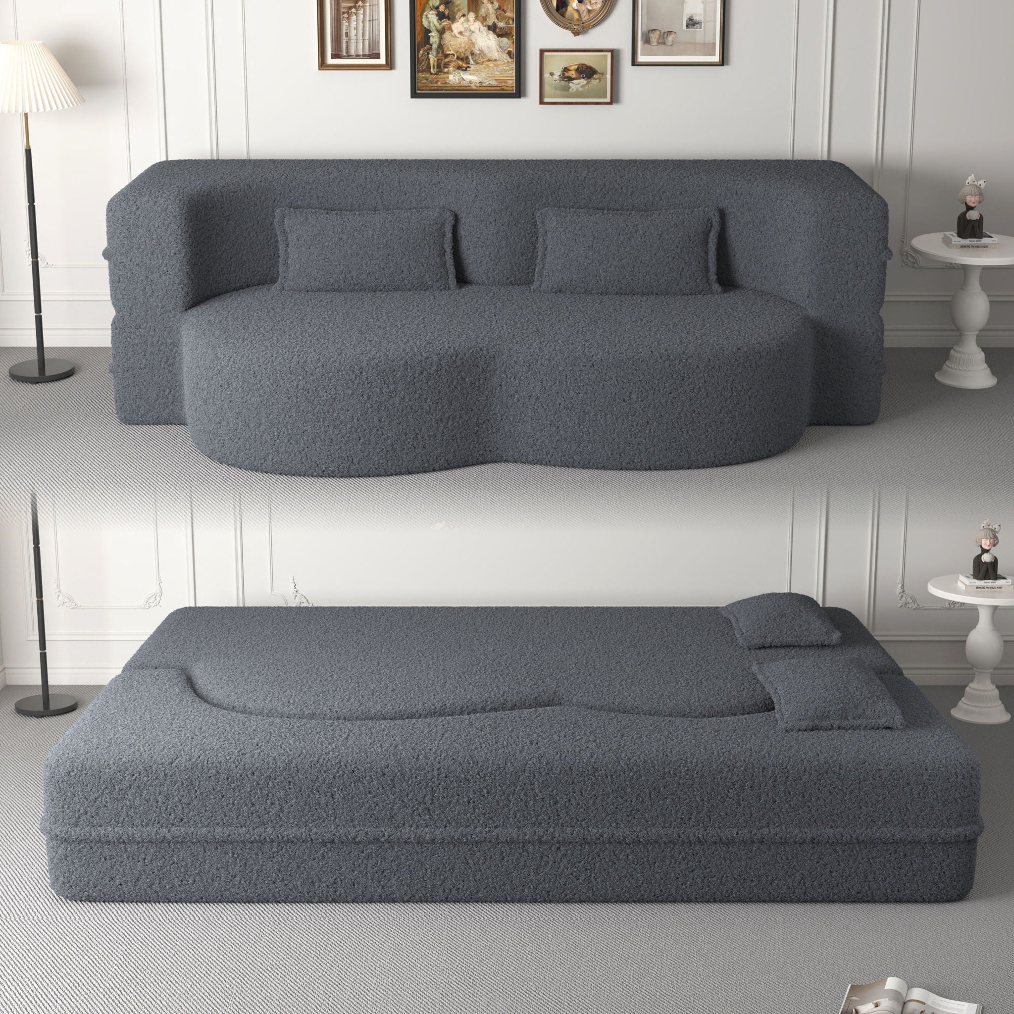 Modern Floor Sofa, With 2 Pillows, Convertible Teddy Fabric Foam Filled Bed - Image 25