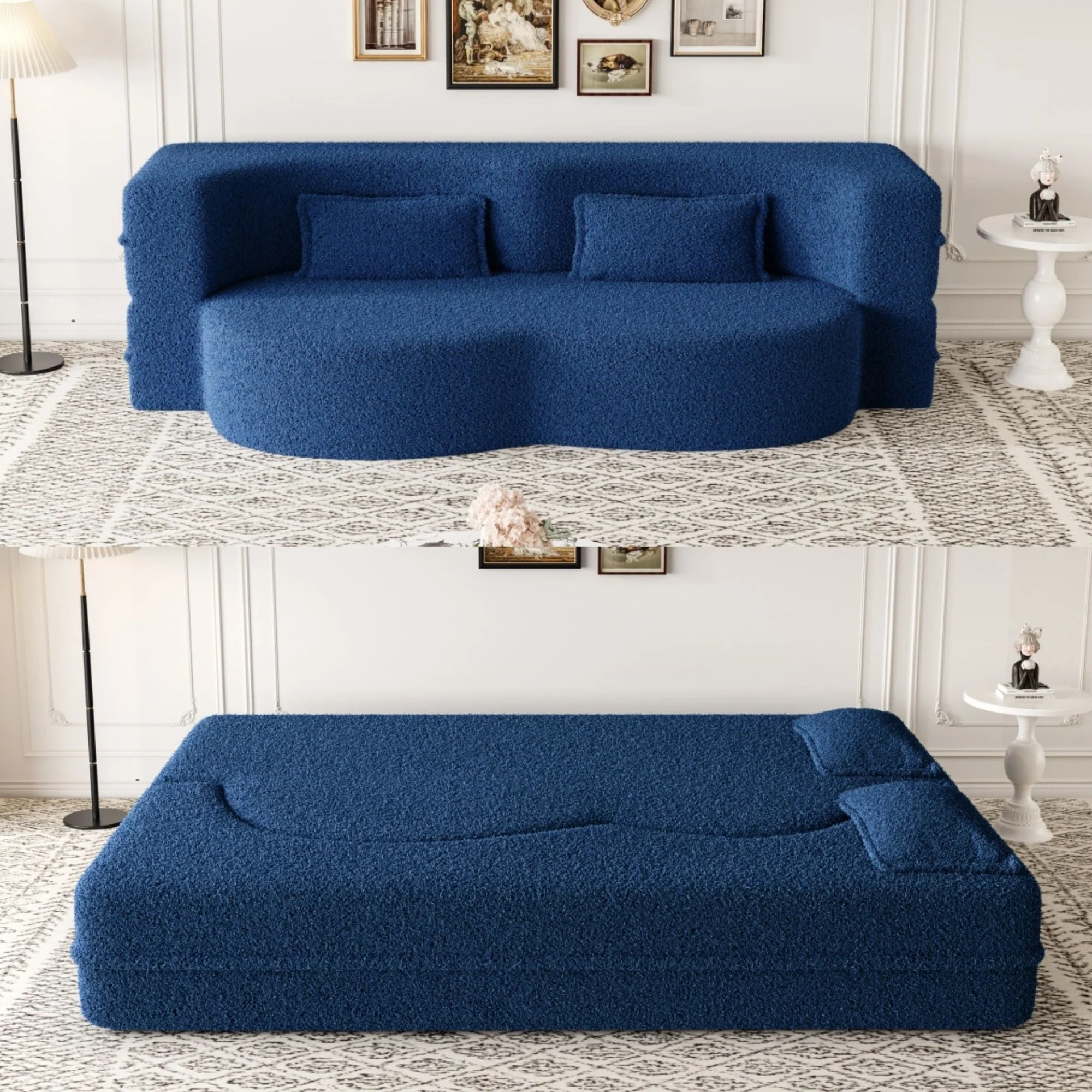 Modern Floor Sofa, With 2 Pillows, Convertible Teddy Fabric Foam Filled Bed - Image 26
