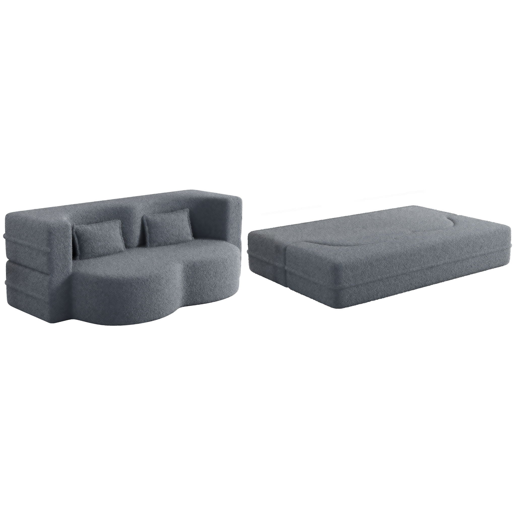 Modern Floor Sofa, With 2 Pillows, Convertible Teddy Fabric Foam Filled Bed - Image 4