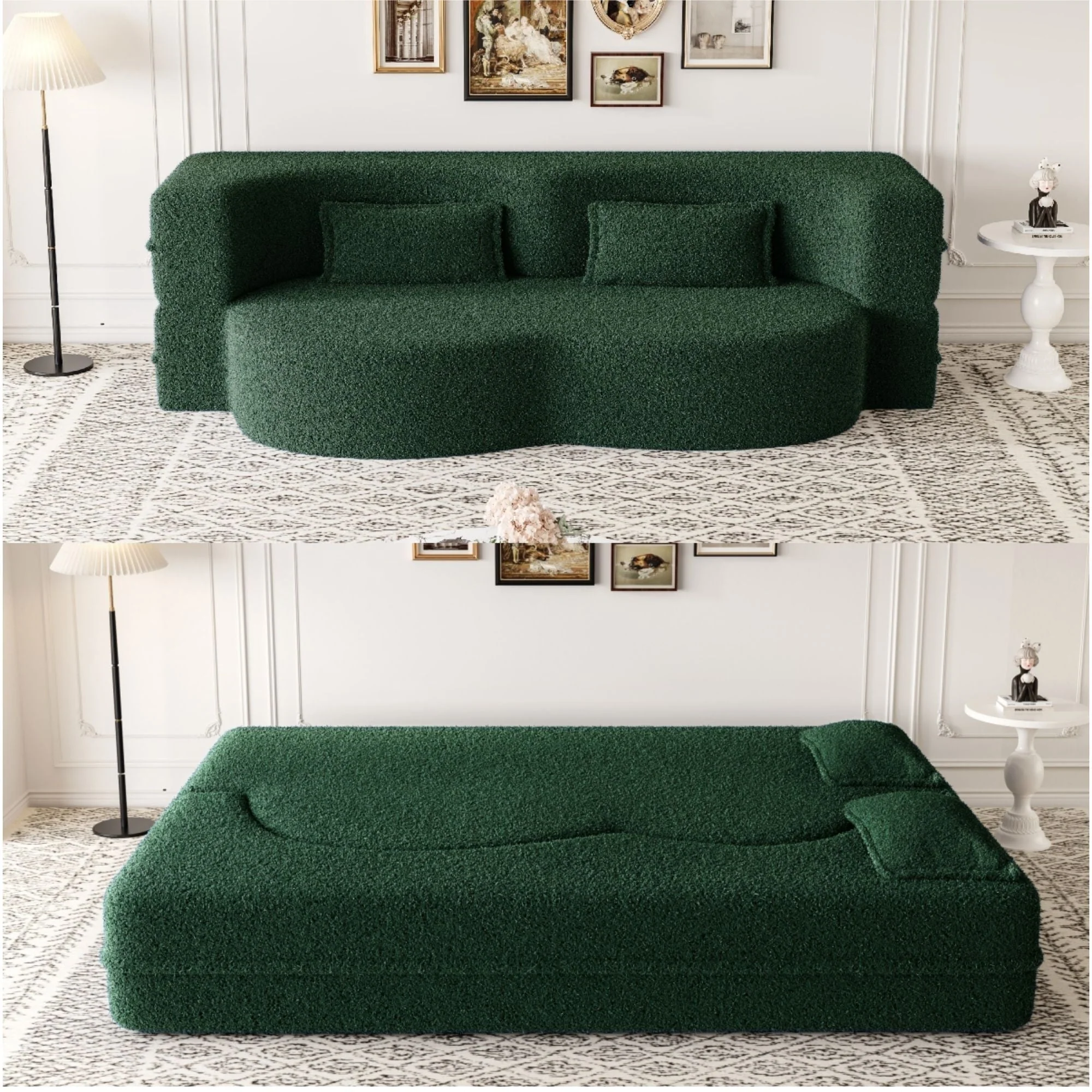 Modern Floor Sofa, With 2 Pillows, Convertible Teddy Fabric Foam Filled Bed - Image 9
