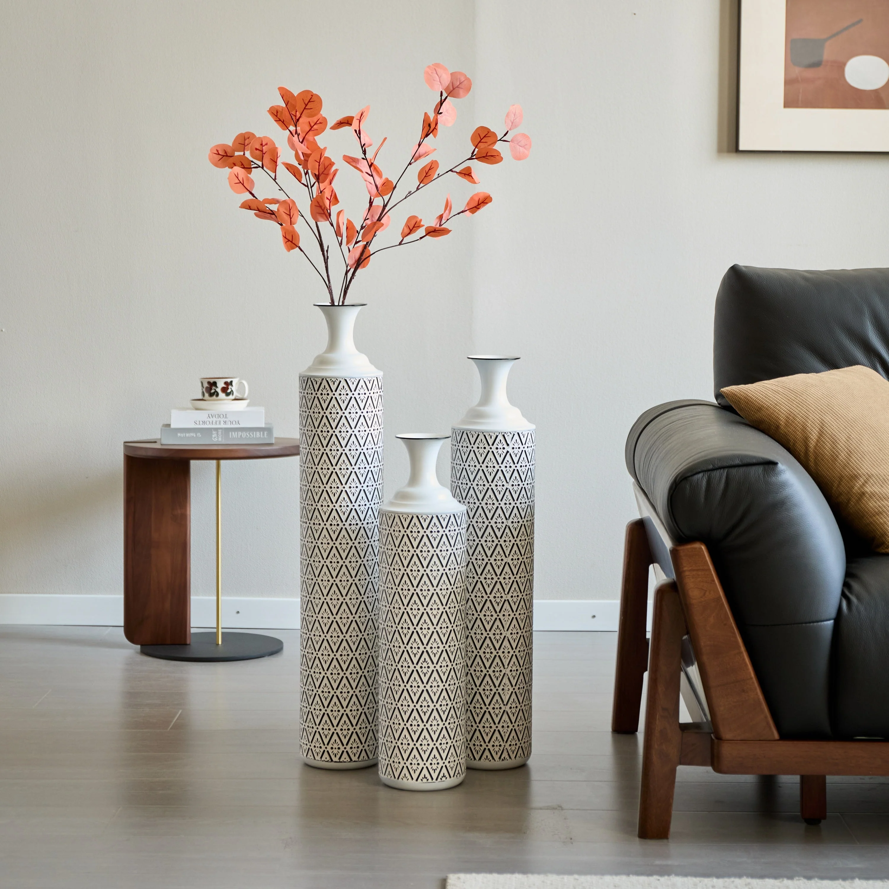Modern Floor Vase Set – White & Black Metal Vases with Geometric Pattern – 3-Piece Home Decor Set in 24.8 in, 29.13 in & 33.85 in Heights - Image 11