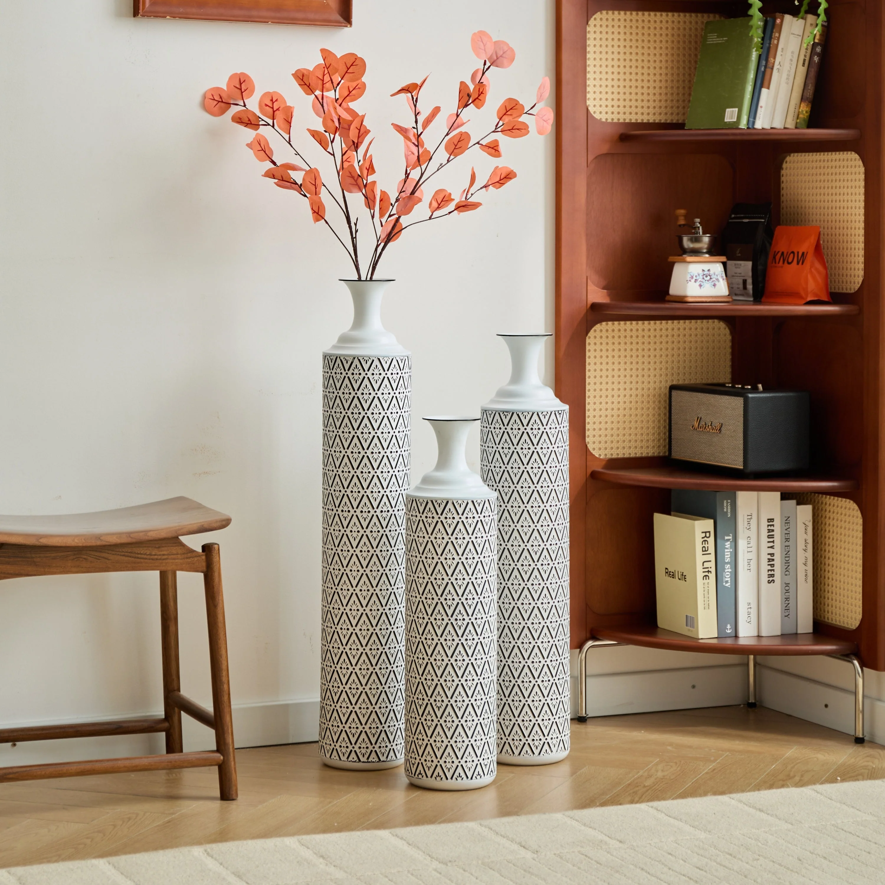Modern Floor Vase Set – White & Black Metal Vases with Geometric Pattern – 3-Piece Home Decor Set in 24.8 in, 29.13 in & 33.85 in Heights - Image 2