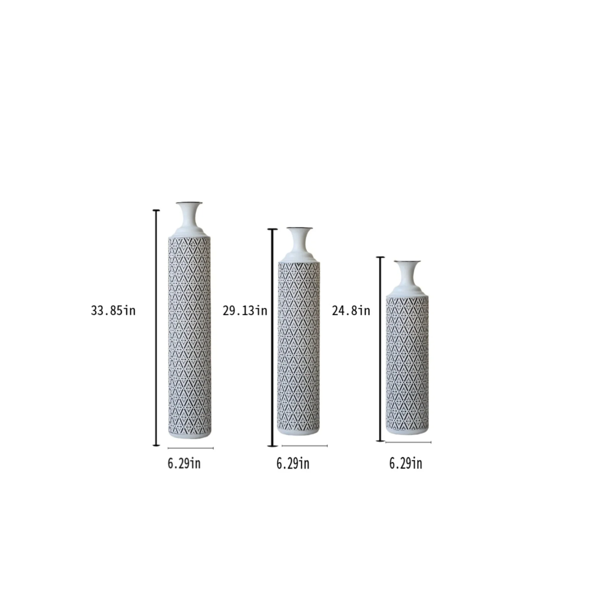 Modern Floor Vase Set – White & Black Metal Vases with Geometric Pattern – 3-Piece Home Decor Set in 24.8 in, 29.13 in & 33.85 in Heights - Image 3