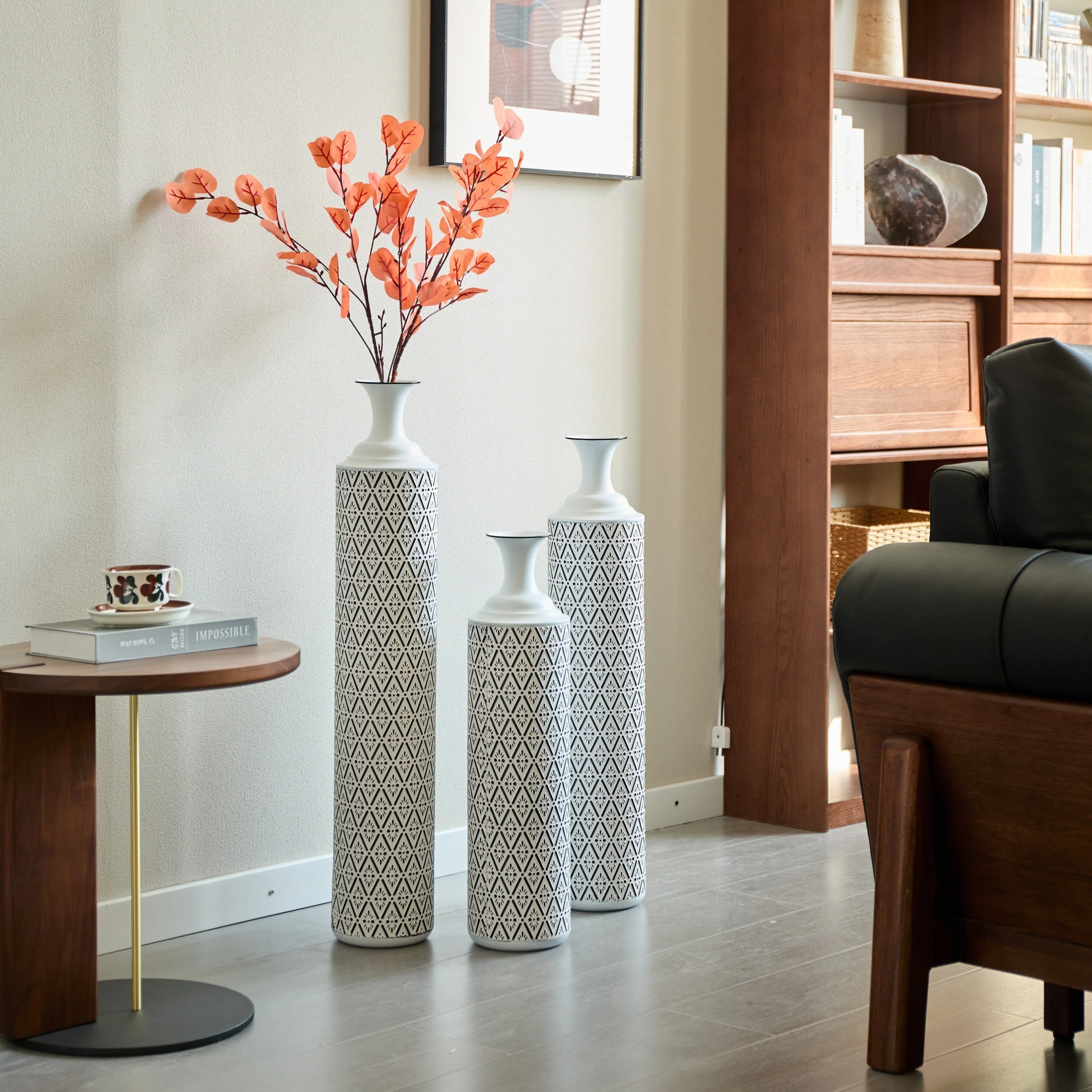 Modern Floor Vase Set – White & Black Metal Vases with Geometric Pattern – 3-Piece Home Decor Set in 24.8 in, 29.13 in & 33.85 in Heights - Image 4