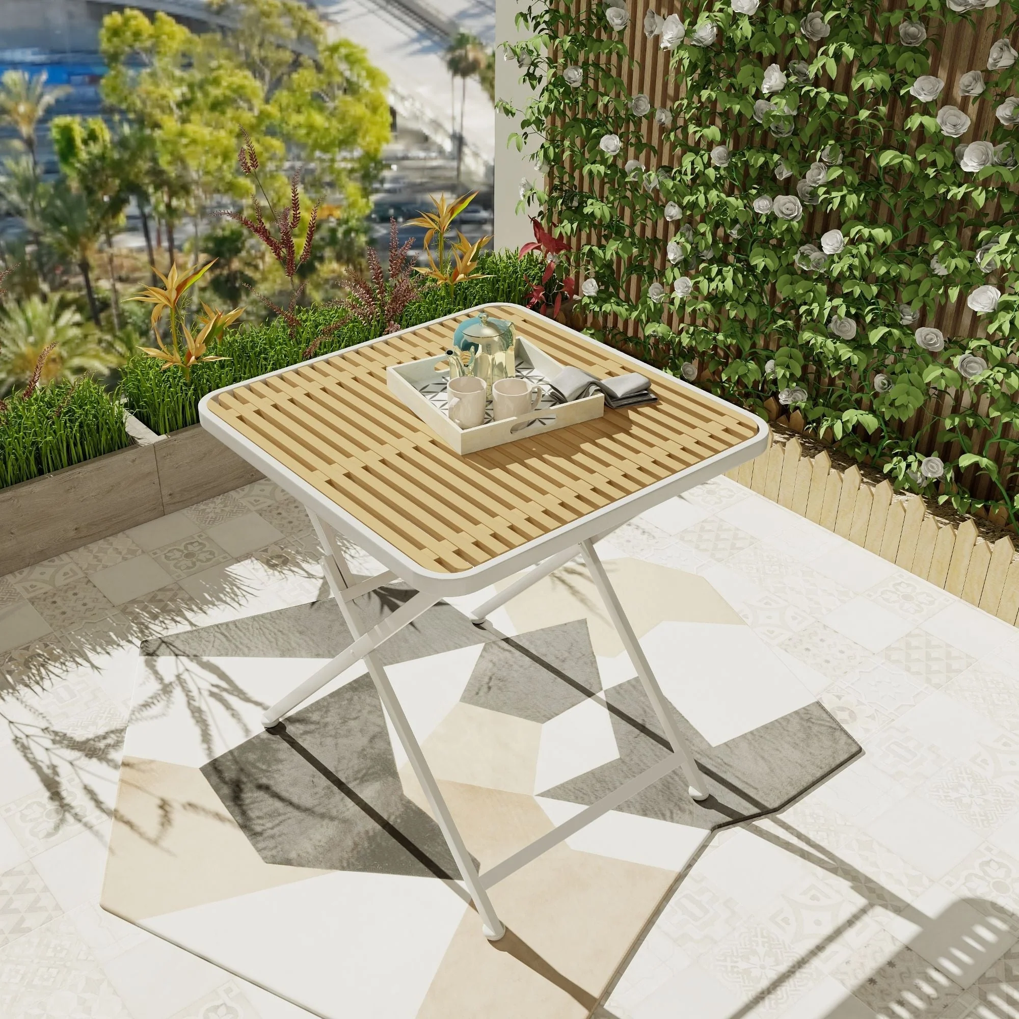 Modern Folding Square Table, Water Proof And Wear Resistant - Apricot / White - Image 4