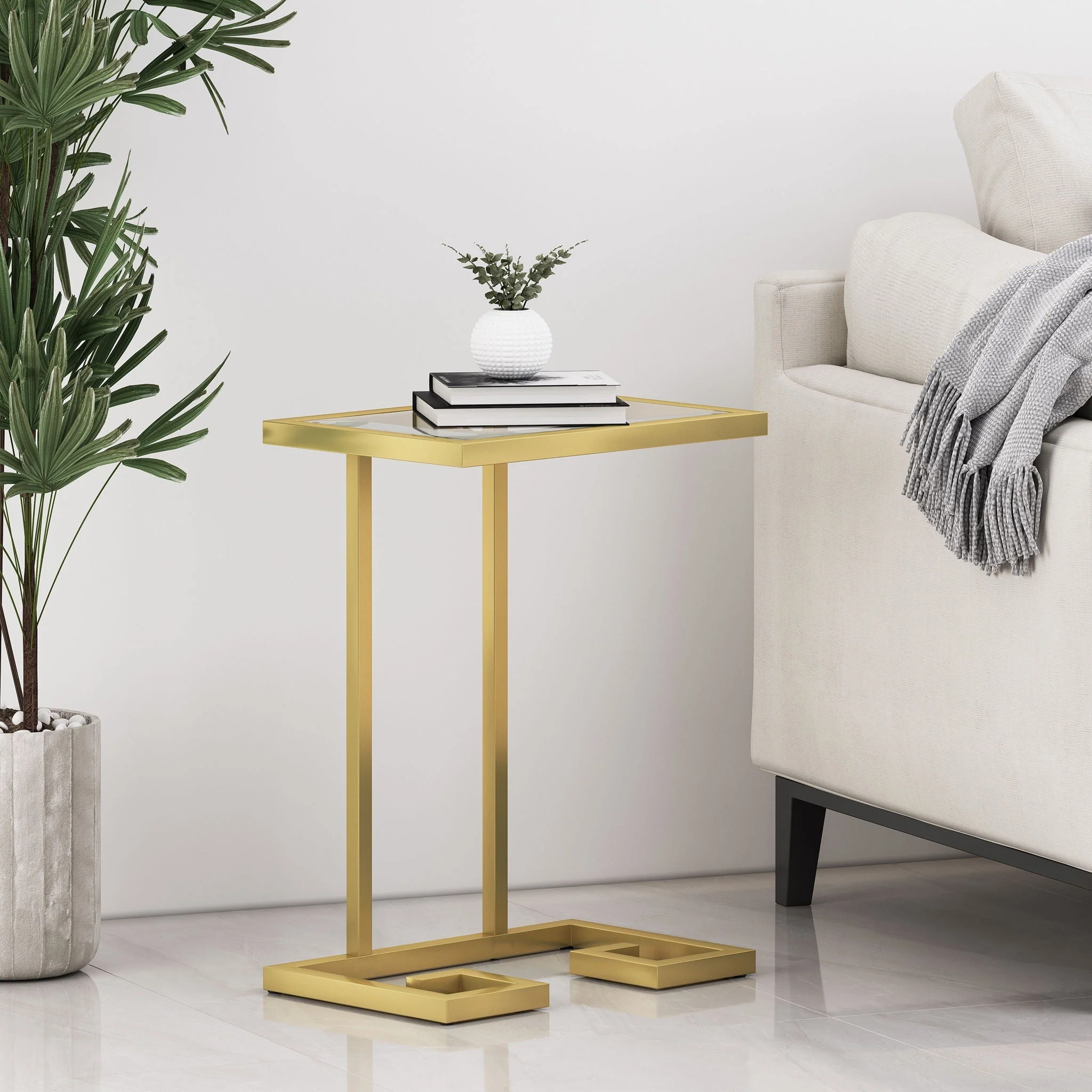 Modern Glam C Shaped End Table With Tempered Glass Top - Gold - Image 2