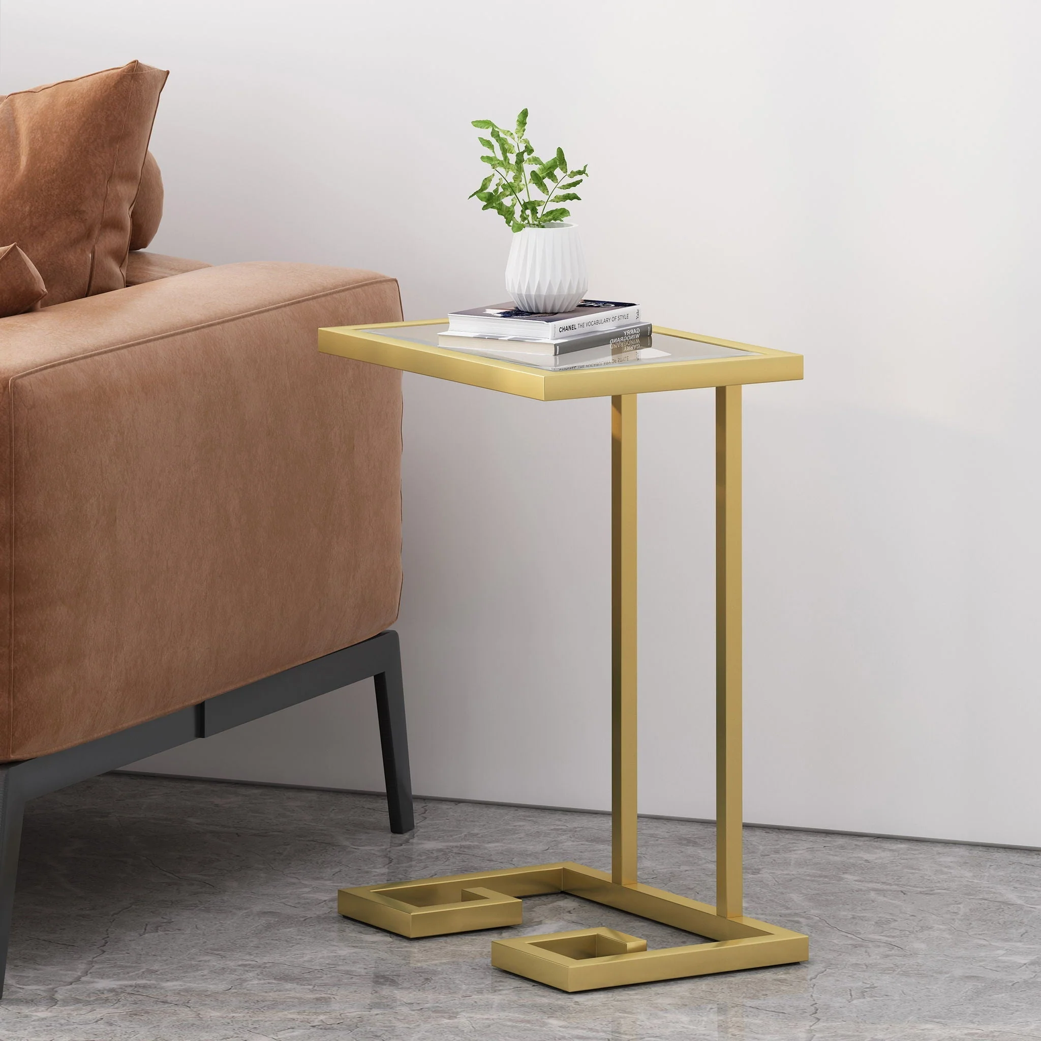 Modern Glam C Shaped End Table With Tempered Glass Top - Gold - Image 3