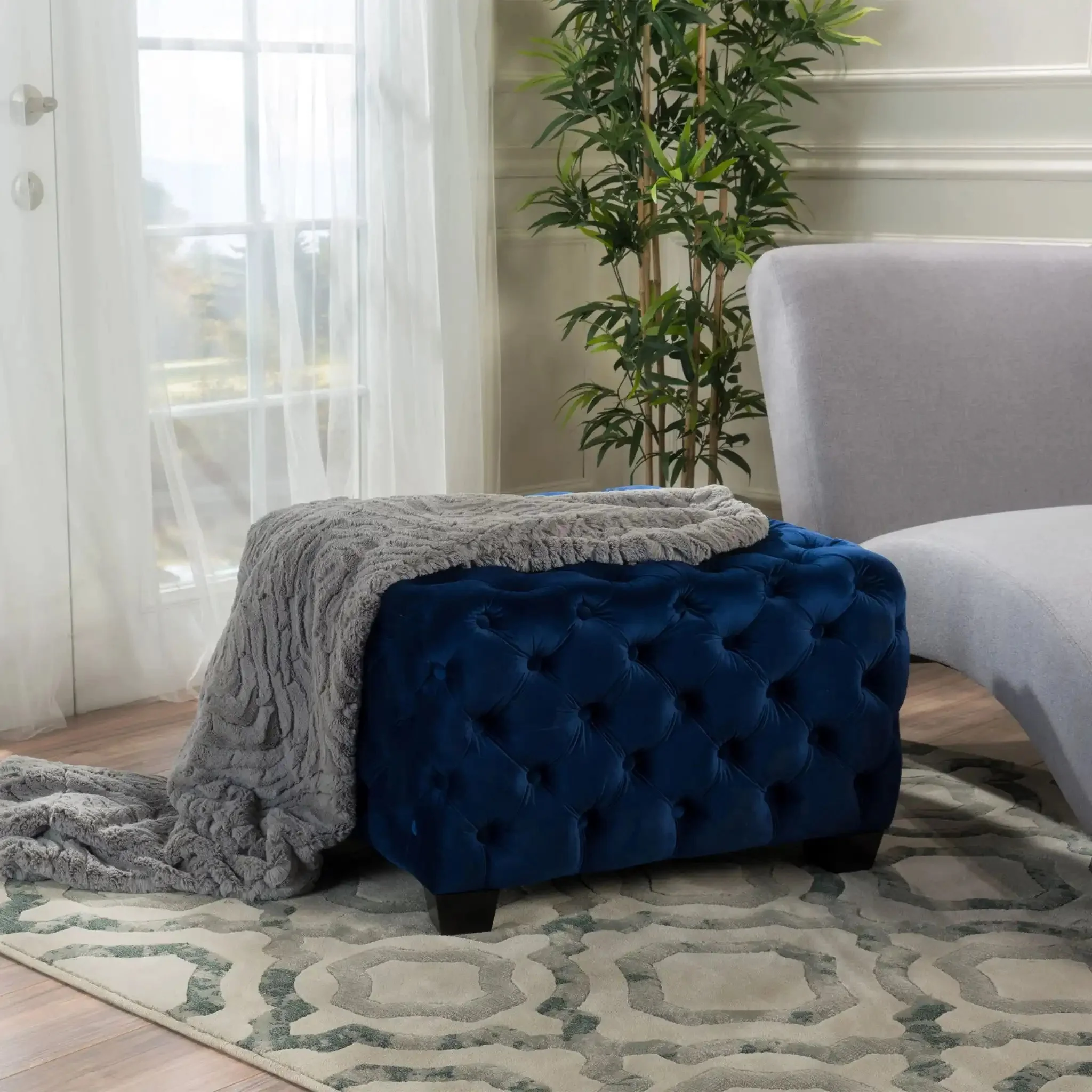 Modern Glam Ottoman With Upholstery And Button Tufted Design - Image 3