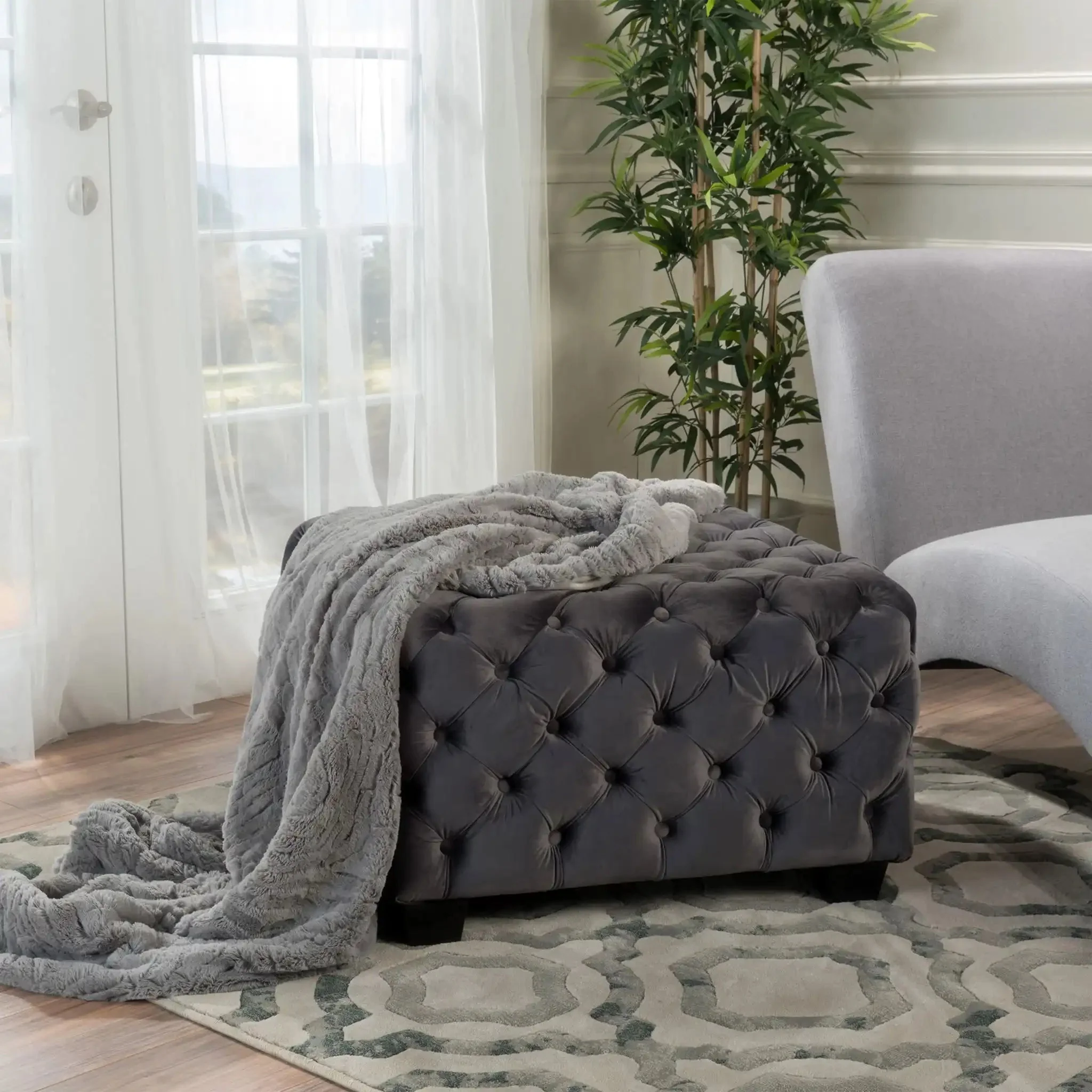 Modern Glam Ottoman With Upholstery And Button Tufted Design - Image 5