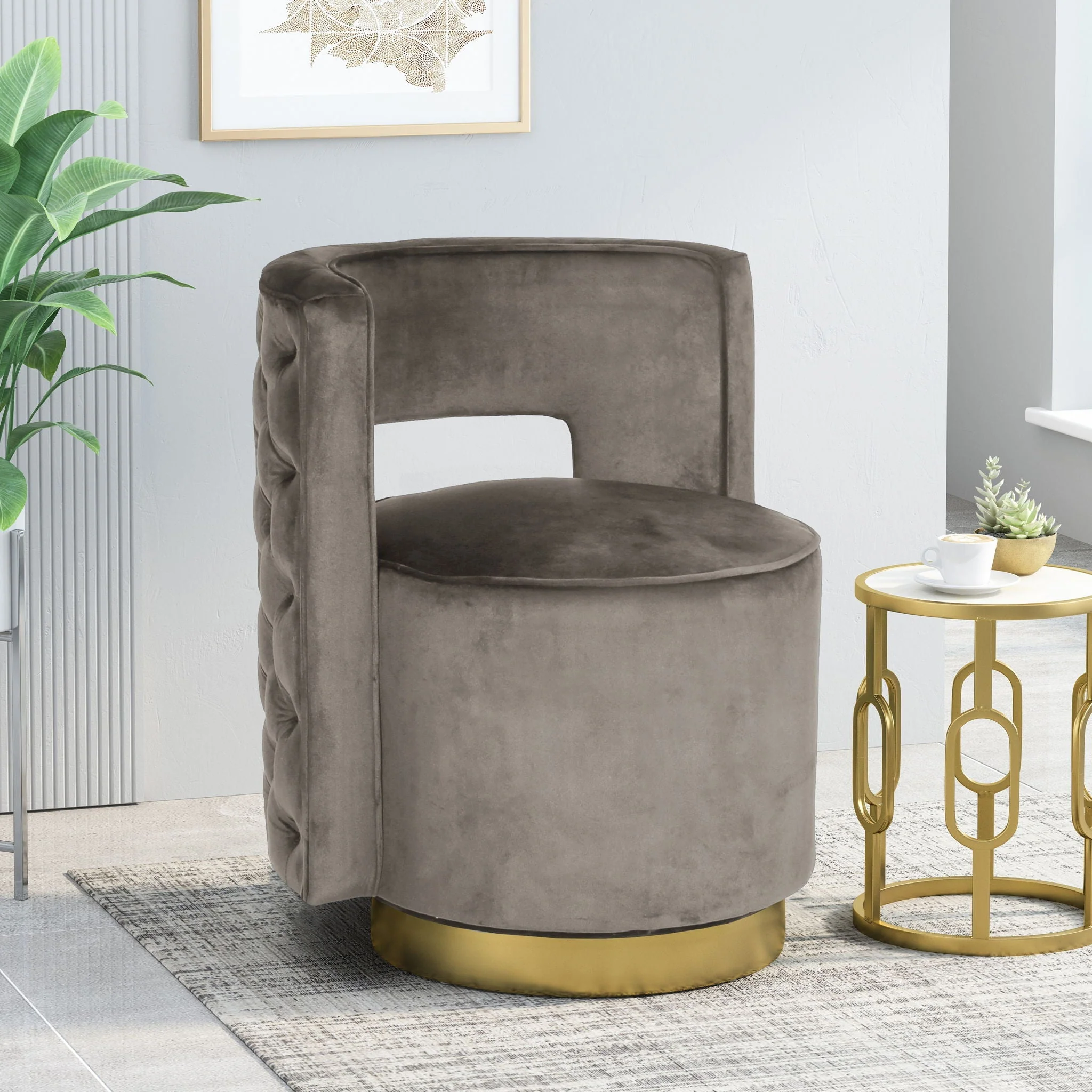 Modern Glam Swivel Arm Chair With Velvet Upholstery And Copper Base - Gray - Image 2