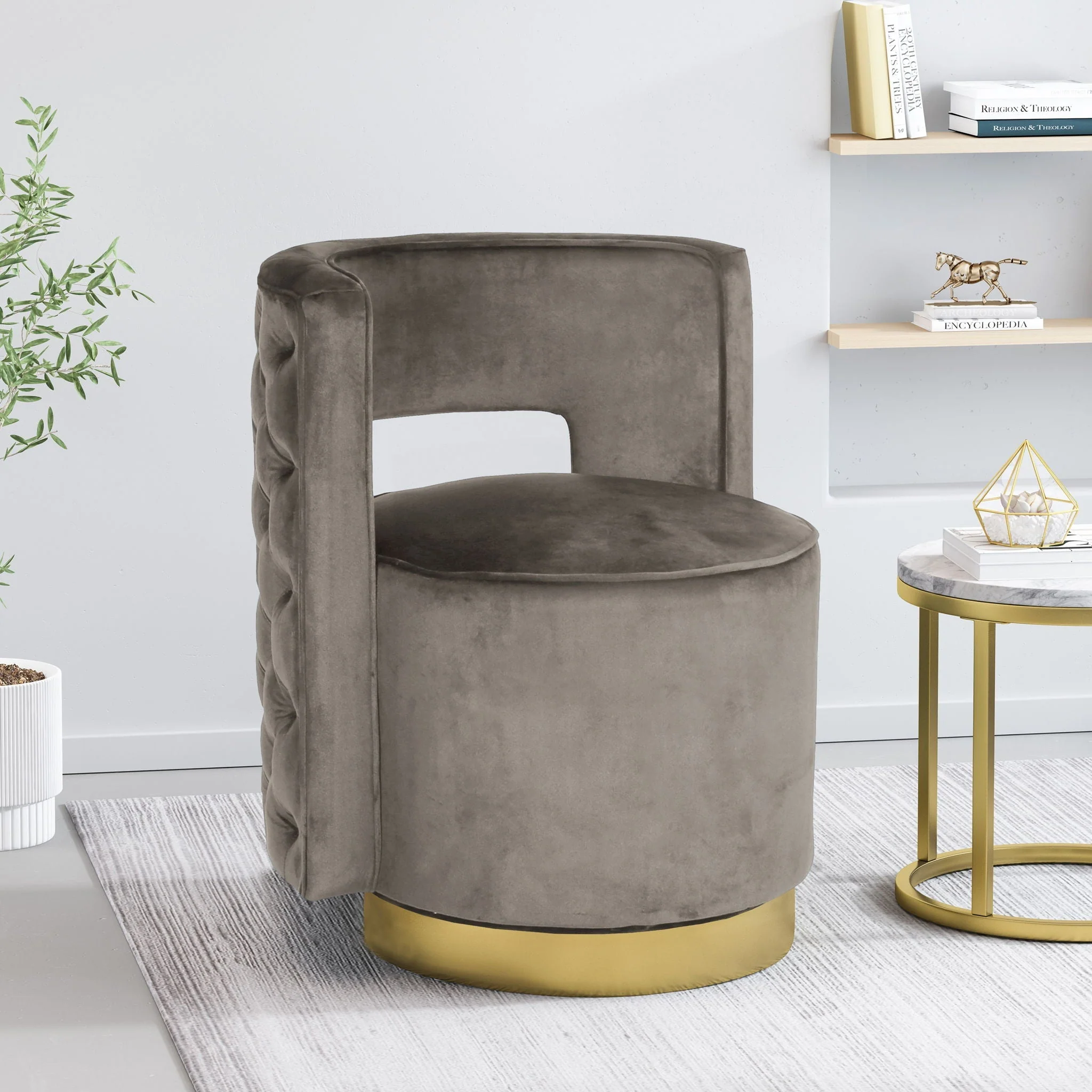 Modern Glam Swivel Arm Chair With Velvet Upholstery And Copper Base - Gray - Image 4
