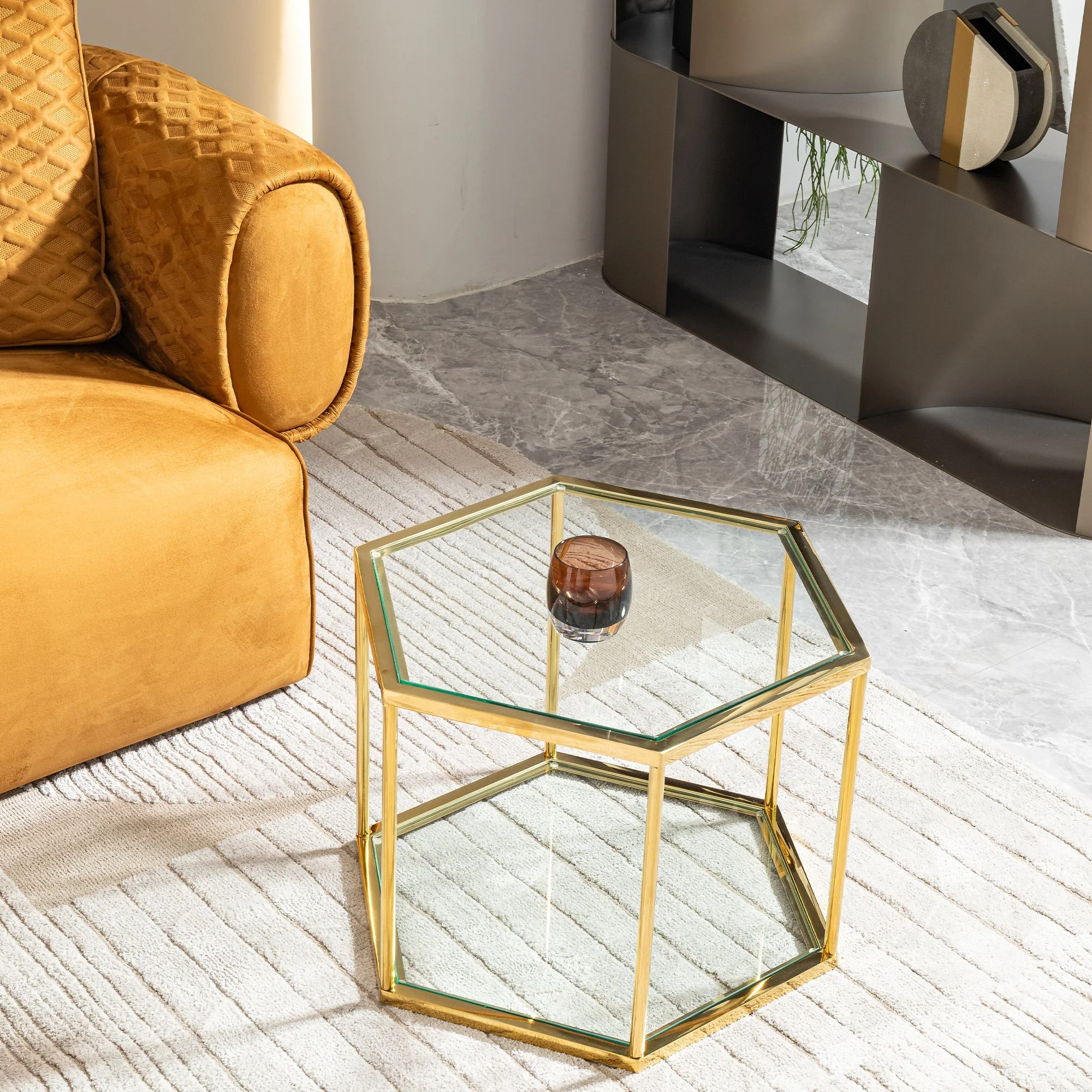 Modern Gold Stainless Steel Coffee Table with Double-Layer Tempered Glass - Image 2