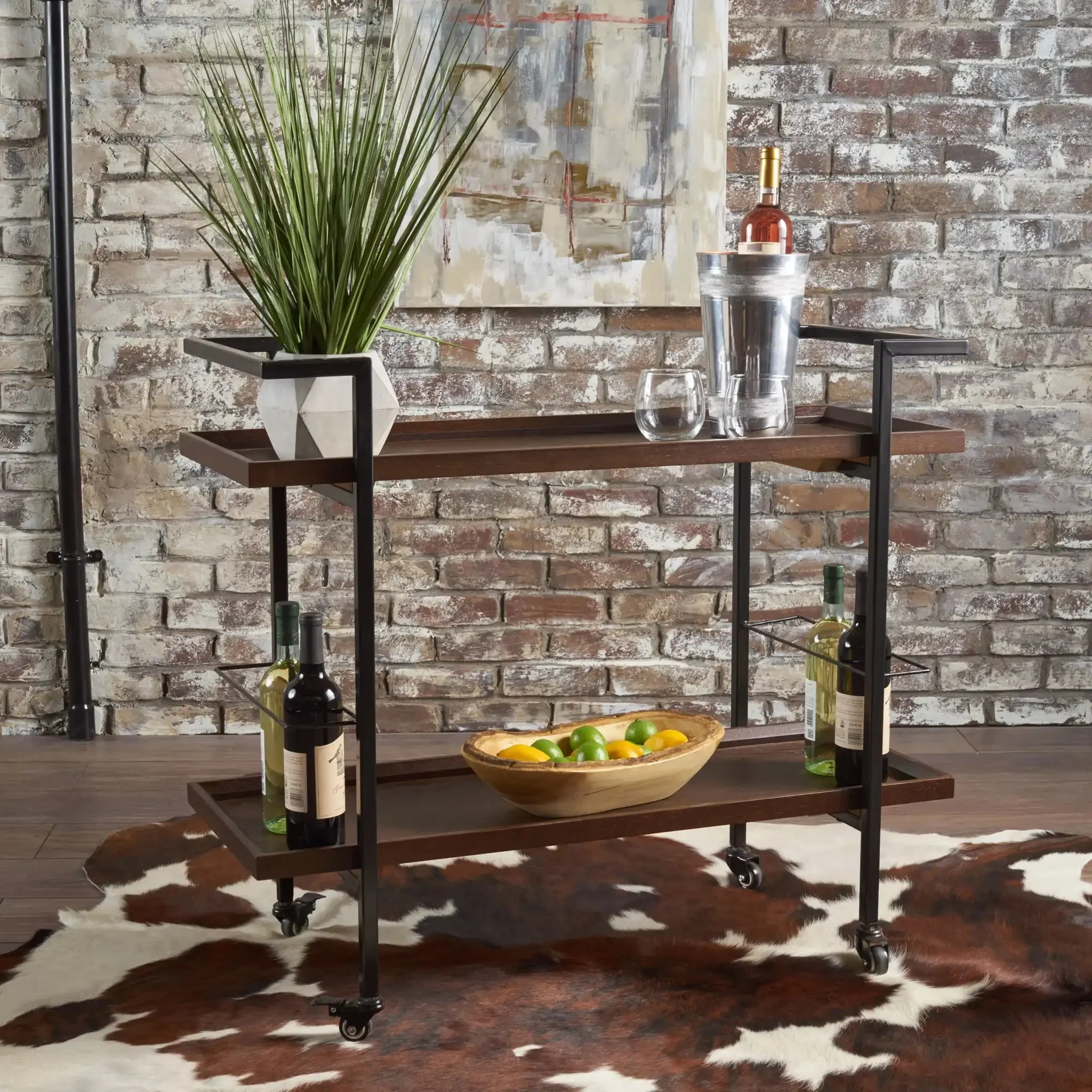 Modern Industrial Bar Cart With Shelving And Casters - Image 3