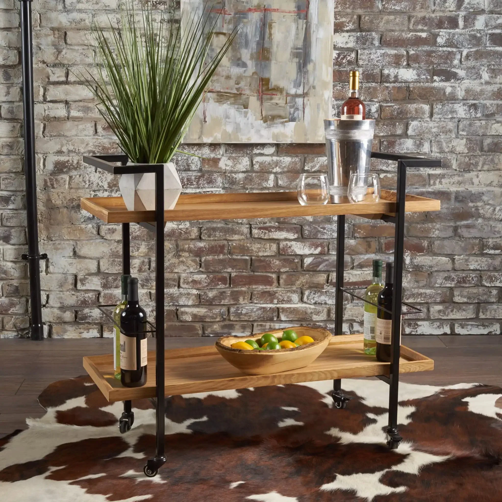 Modern Industrial Bar Cart With Shelving And Casters - Image 7