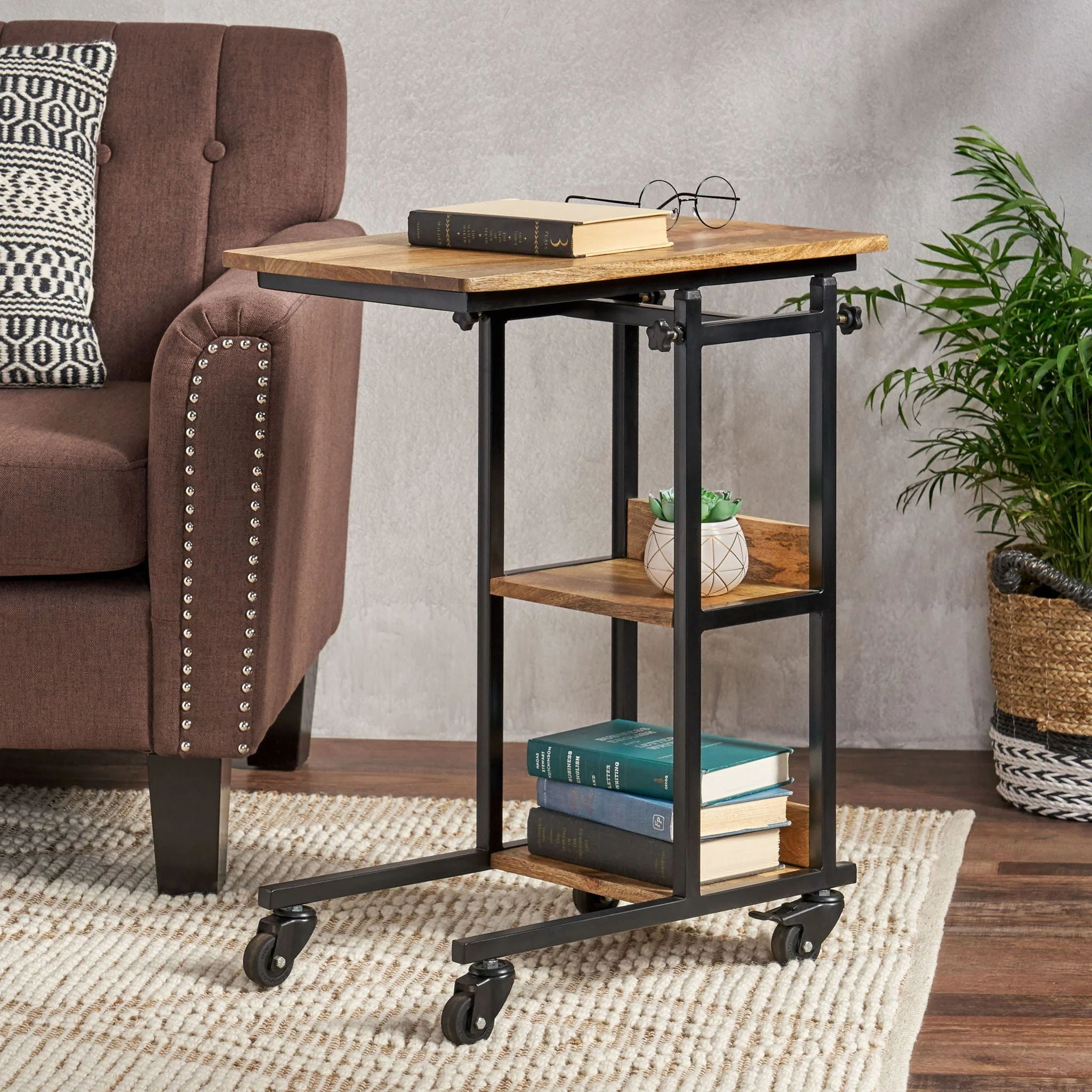 Modern Industrial Bed Laptop Table with C-Shape Design and Adjustable Height - Natural - Image 2