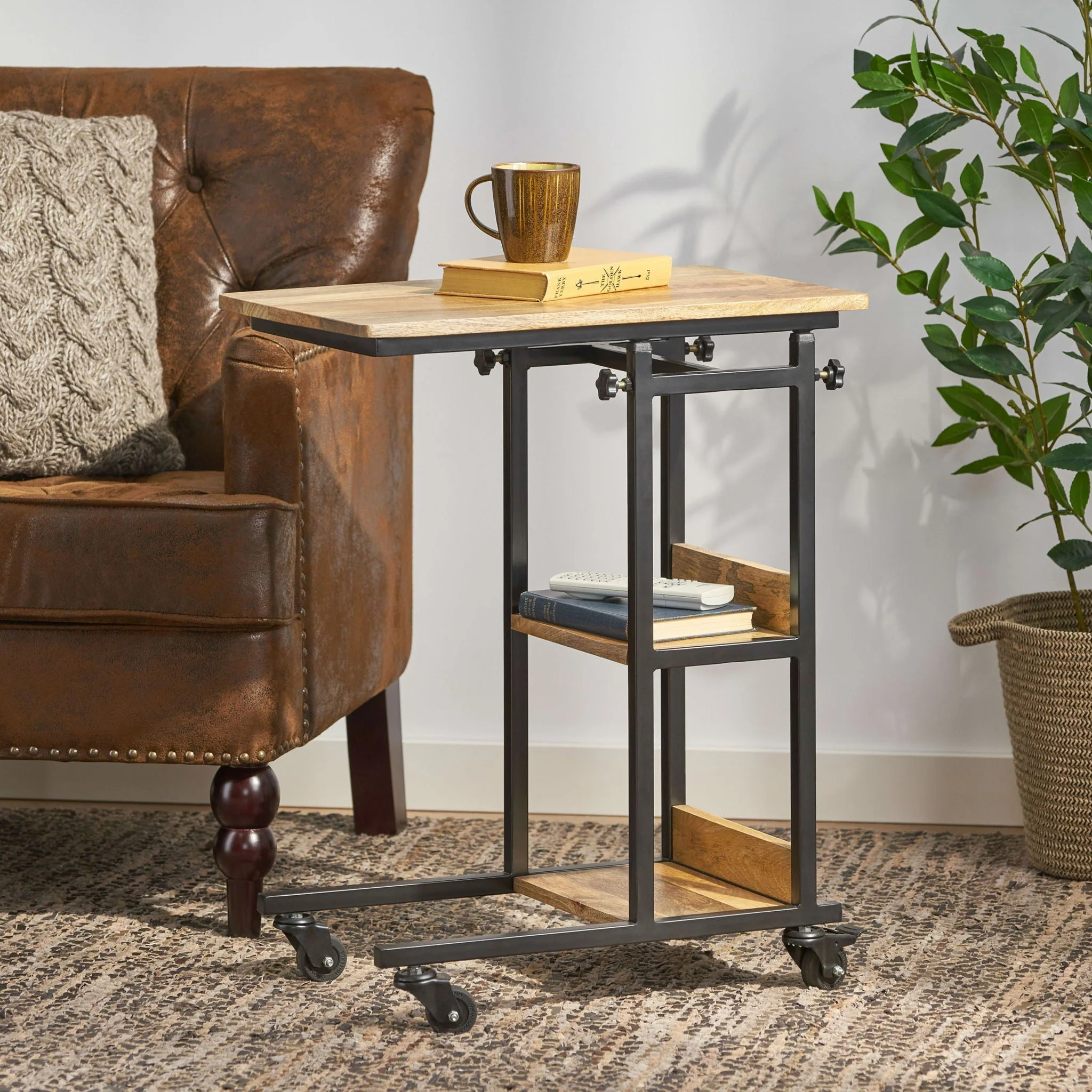 Modern Industrial Bed Laptop Table with C-Shape Design and Adjustable Height - Natural - Image 3