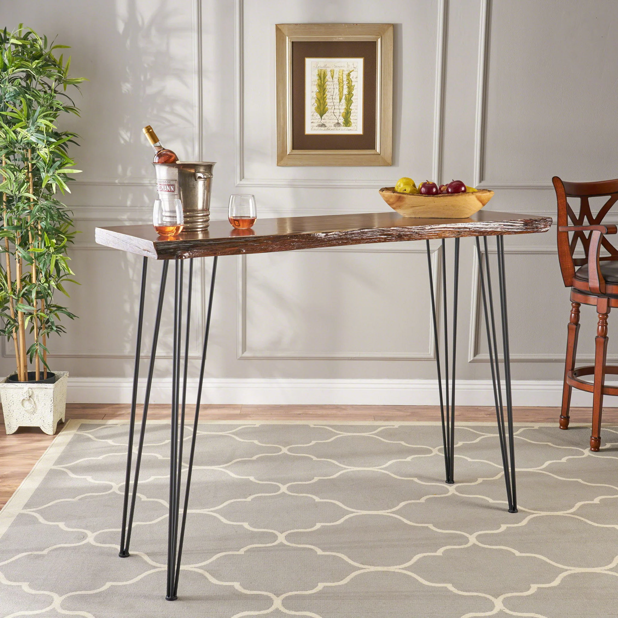 Modern Industrial Breakfast Bar Table, Metal Hairpin Legs & Wood Veneer Top - Natural - Image 3