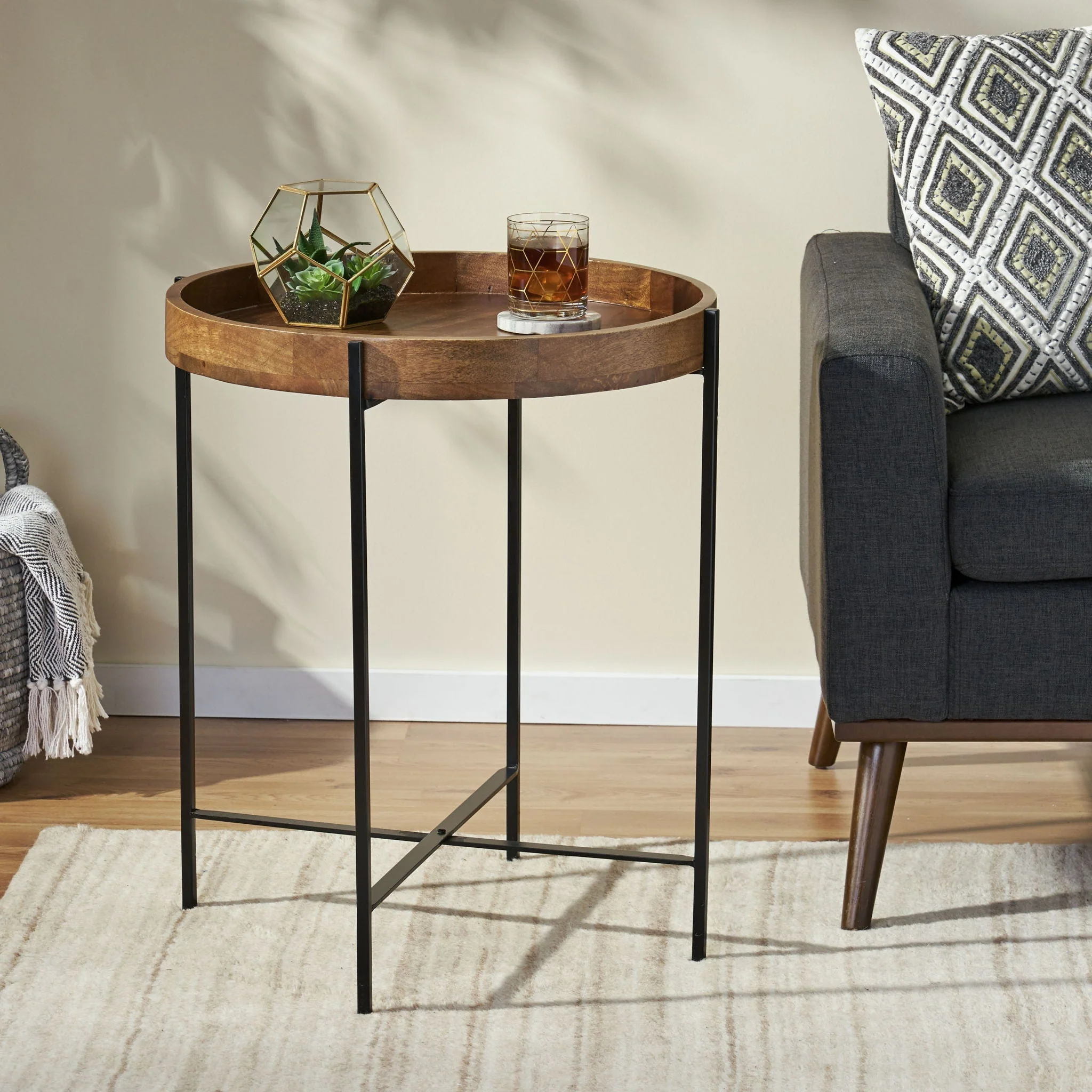 Modern Industrial Round End Table with Tray Top and Foldable Iron Legs - Natural - Image 2