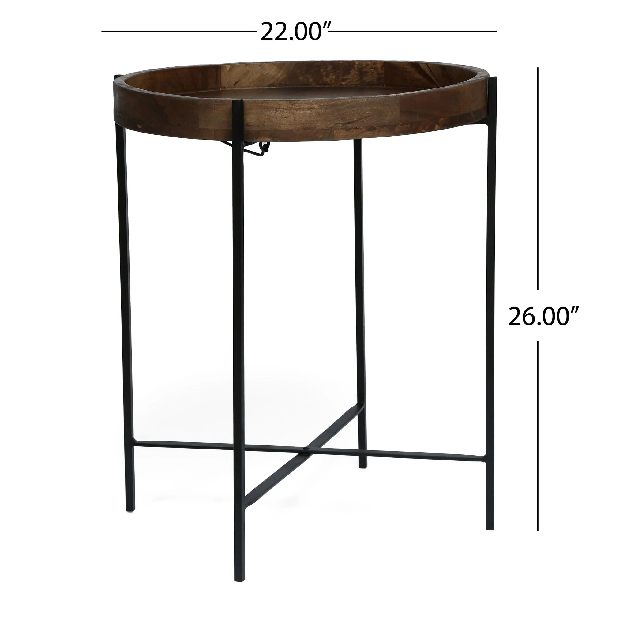 Modern Industrial Round End Table with Tray Top and Foldable Iron Legs - Natural - Image 3