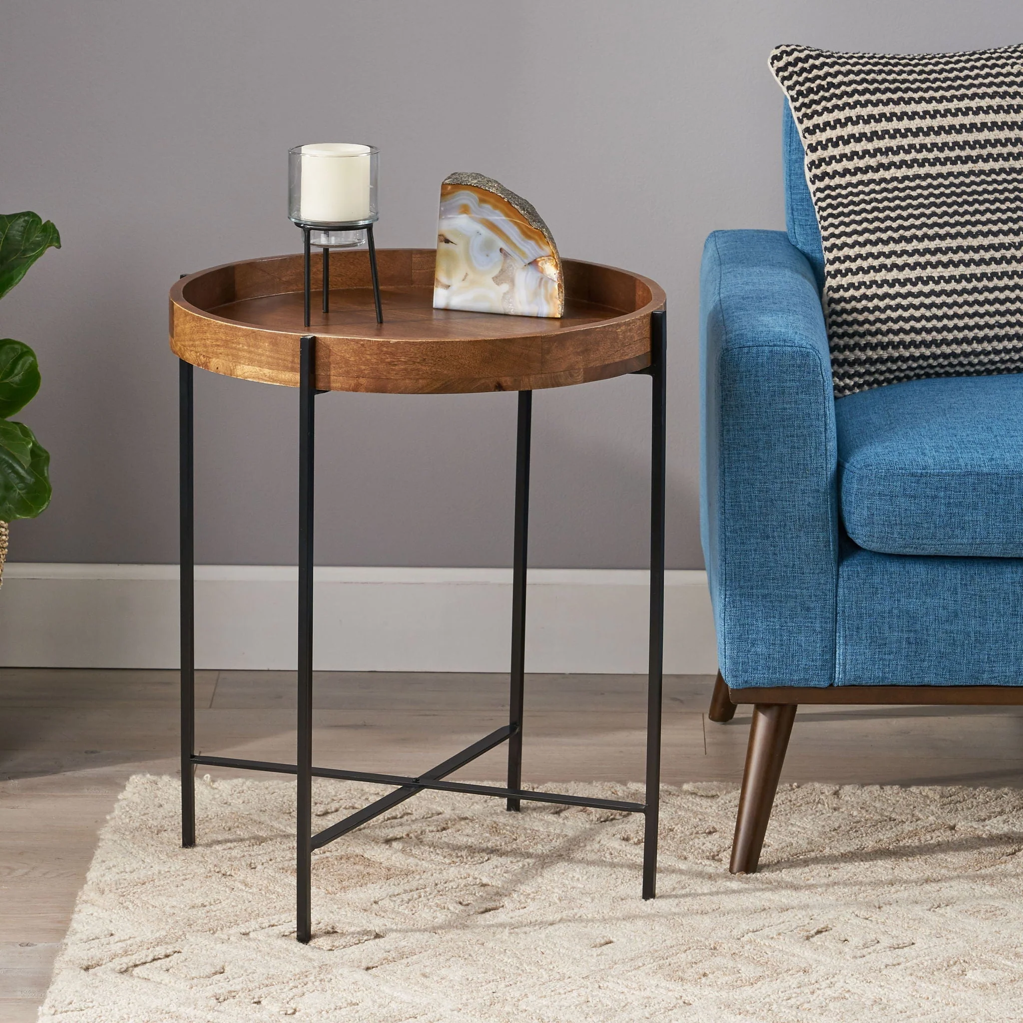 Modern Industrial Round End Table with Tray Top and Foldable Iron Legs - Natural - Image 4