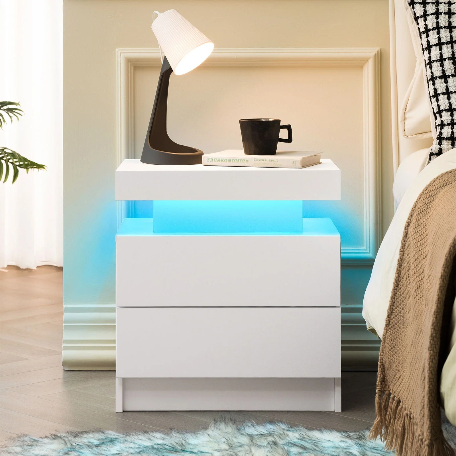 Modern LED Bedside Table Cabinet With Adjustable Lights And 2 Drawers - White - Image 3
