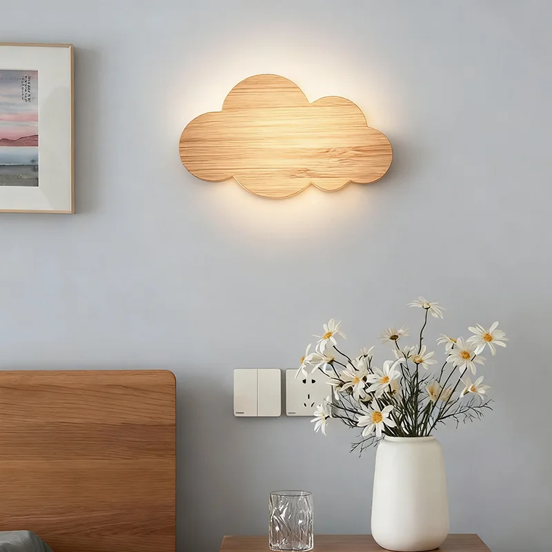 Modern LED Wall Light Wooden Cloud Dimmable Bedroom Bedside Eye Protection Lamp - Image 3