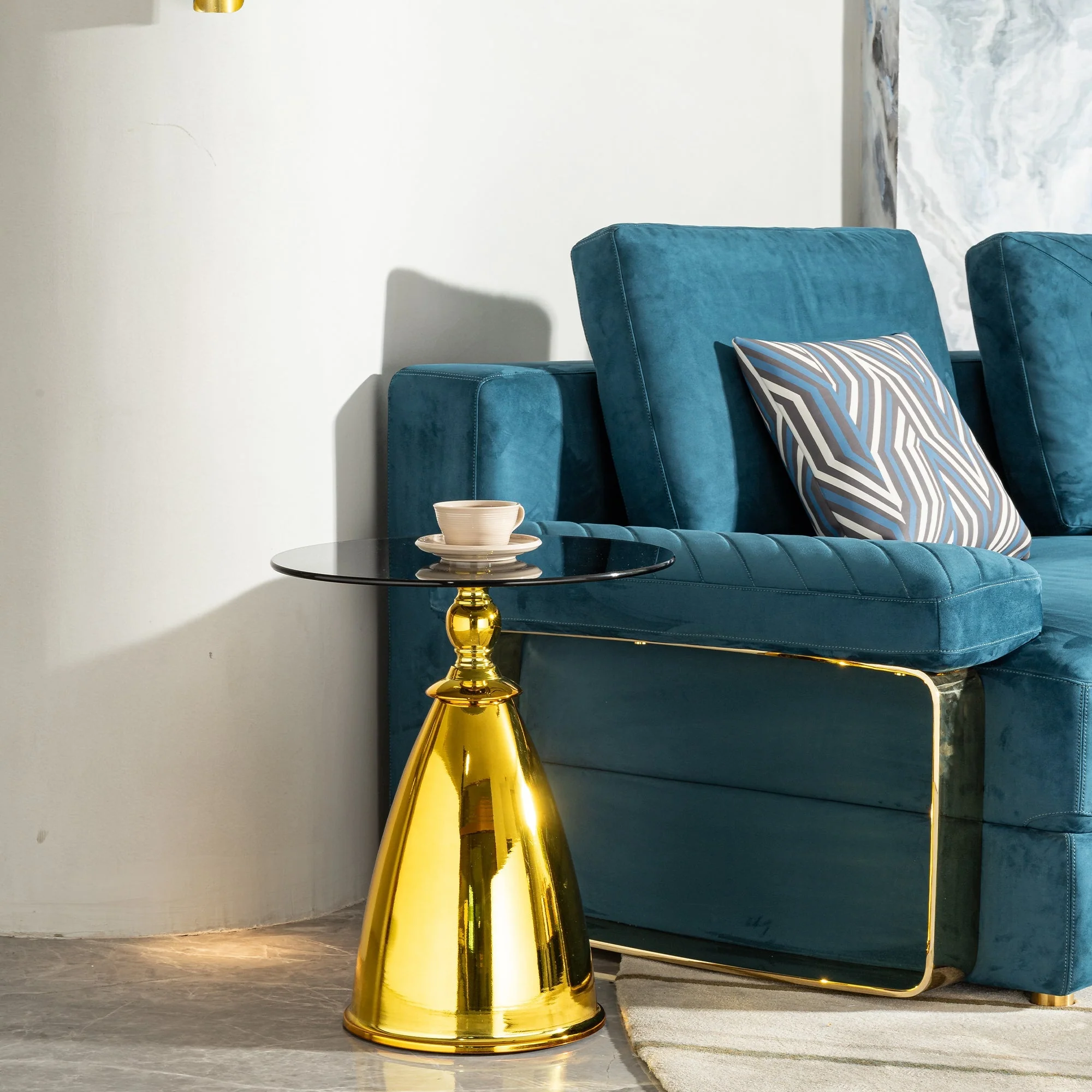 Modern Living Room Coffee Table with Grey Tempered Glass and Gold Carbon Steel - Image 2