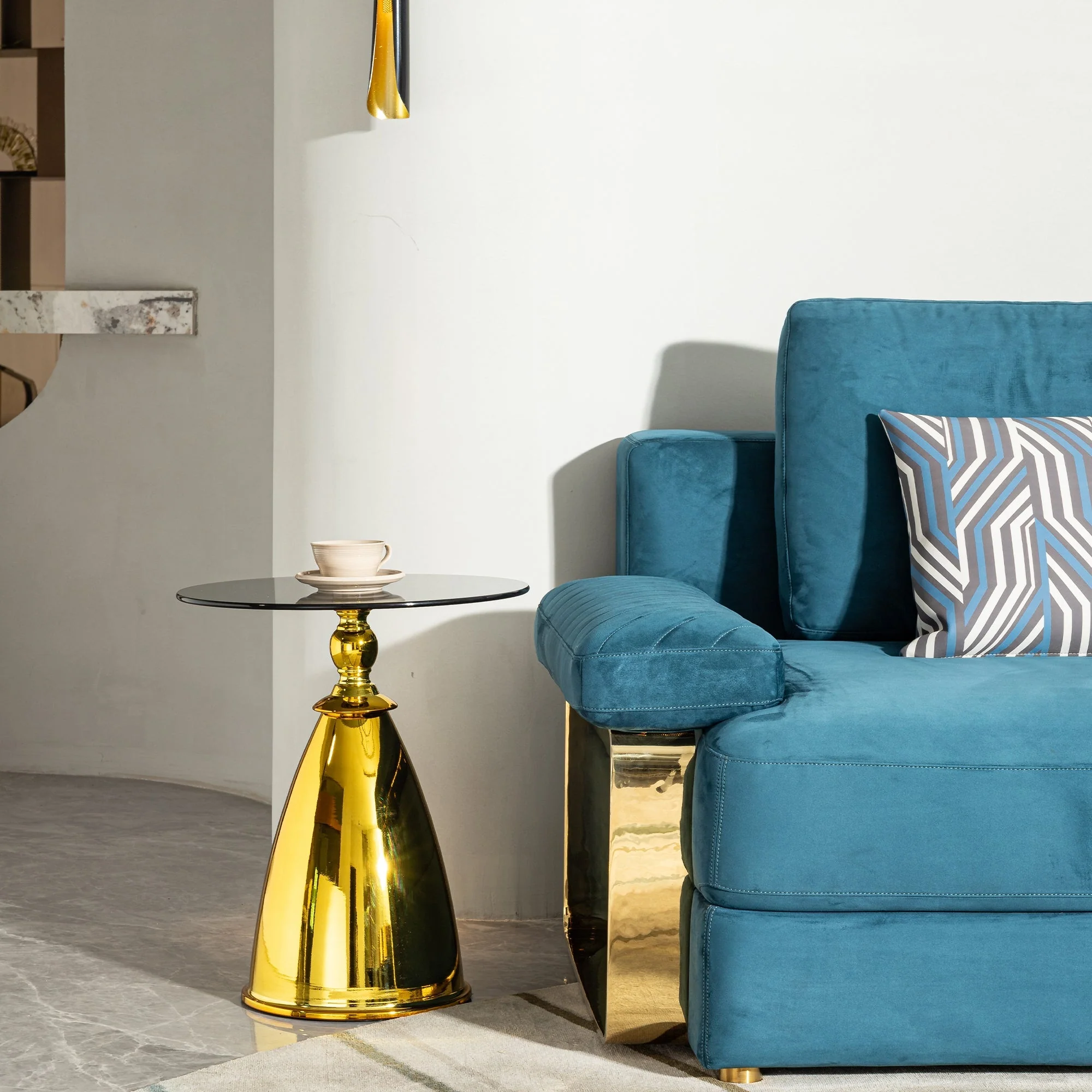 Modern Living Room Coffee Table with Grey Tempered Glass and Gold Carbon Steel - Image 4