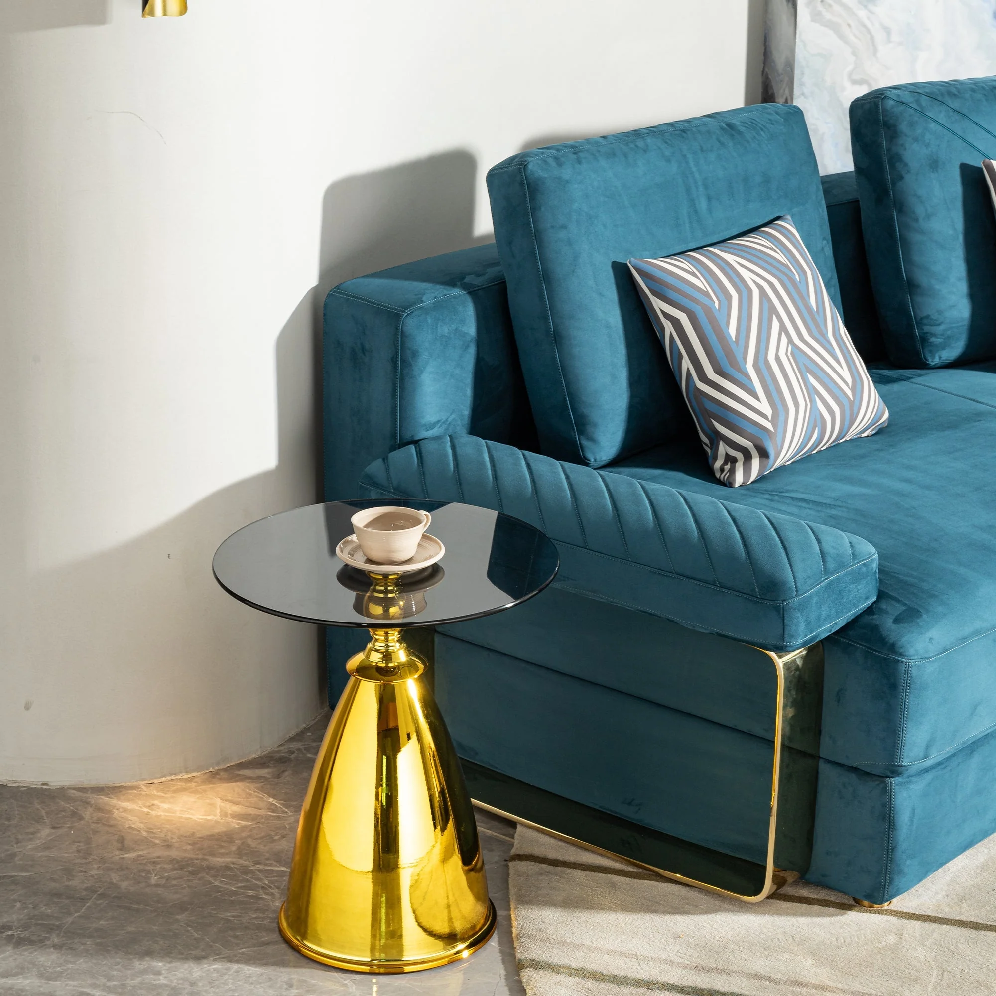 Modern Living Room Coffee Table with Grey Tempered Glass and Gold Carbon Steel - Image 5