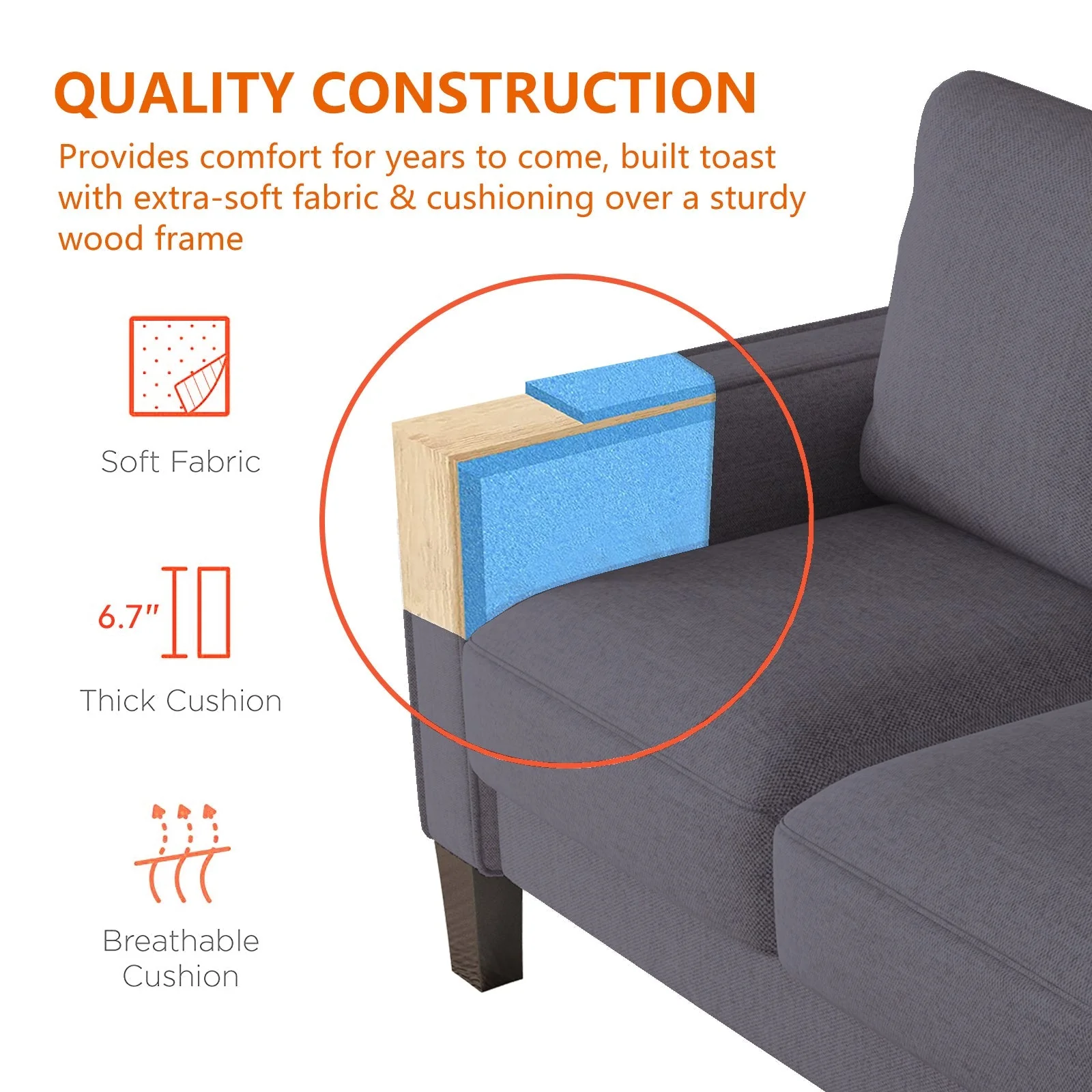Modern Living Room Furniture Sofa in Dark Grey Fabric - Image 11