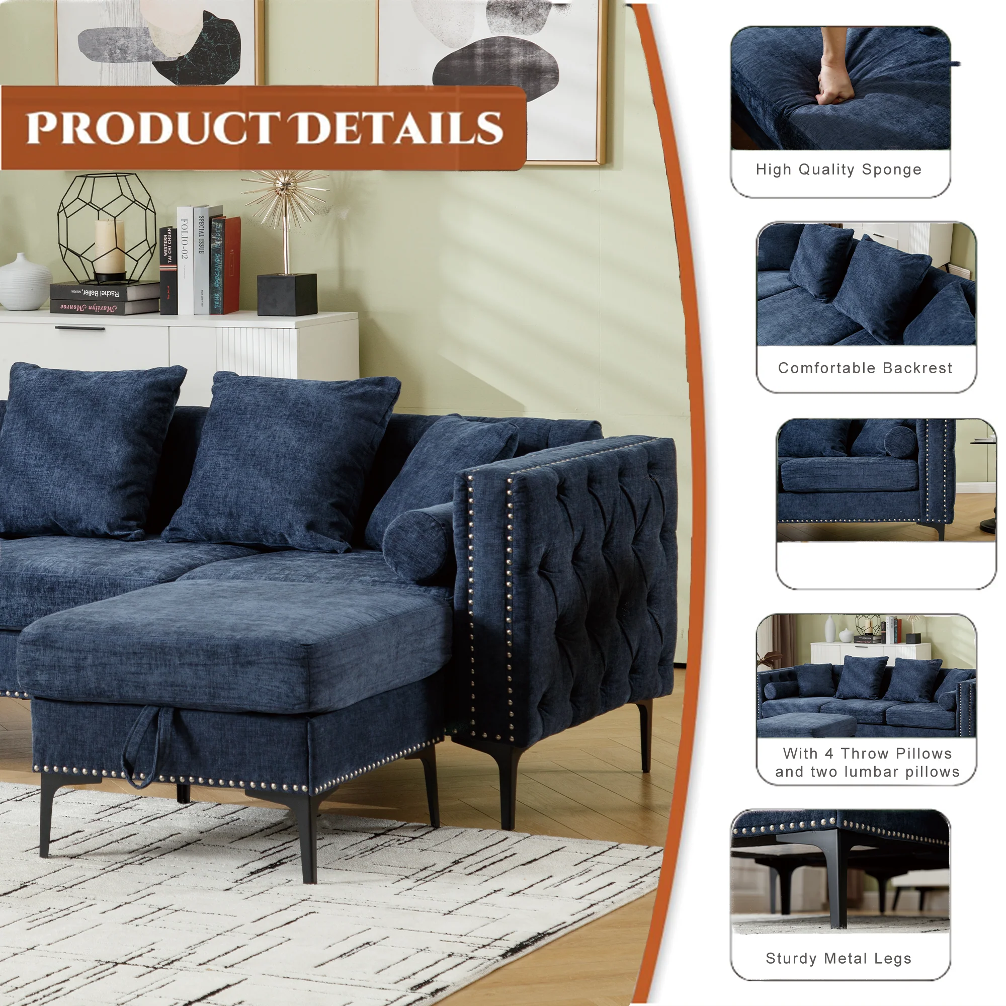 Modern Lounge Chenille Sectional Sofa - Image 10