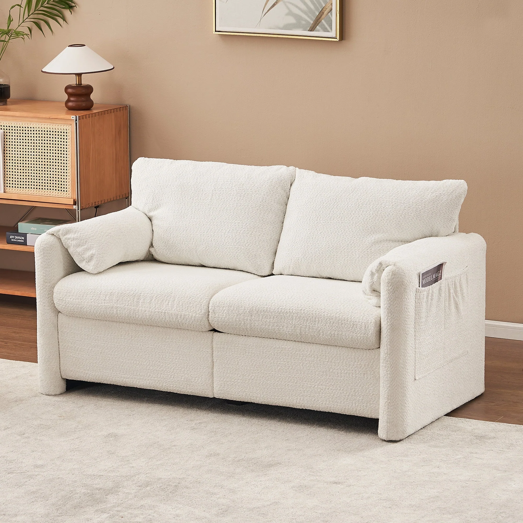 Modern Loveseat Sofa 2-Seater - Plush Chenille Fabric Ivory White - Image 2