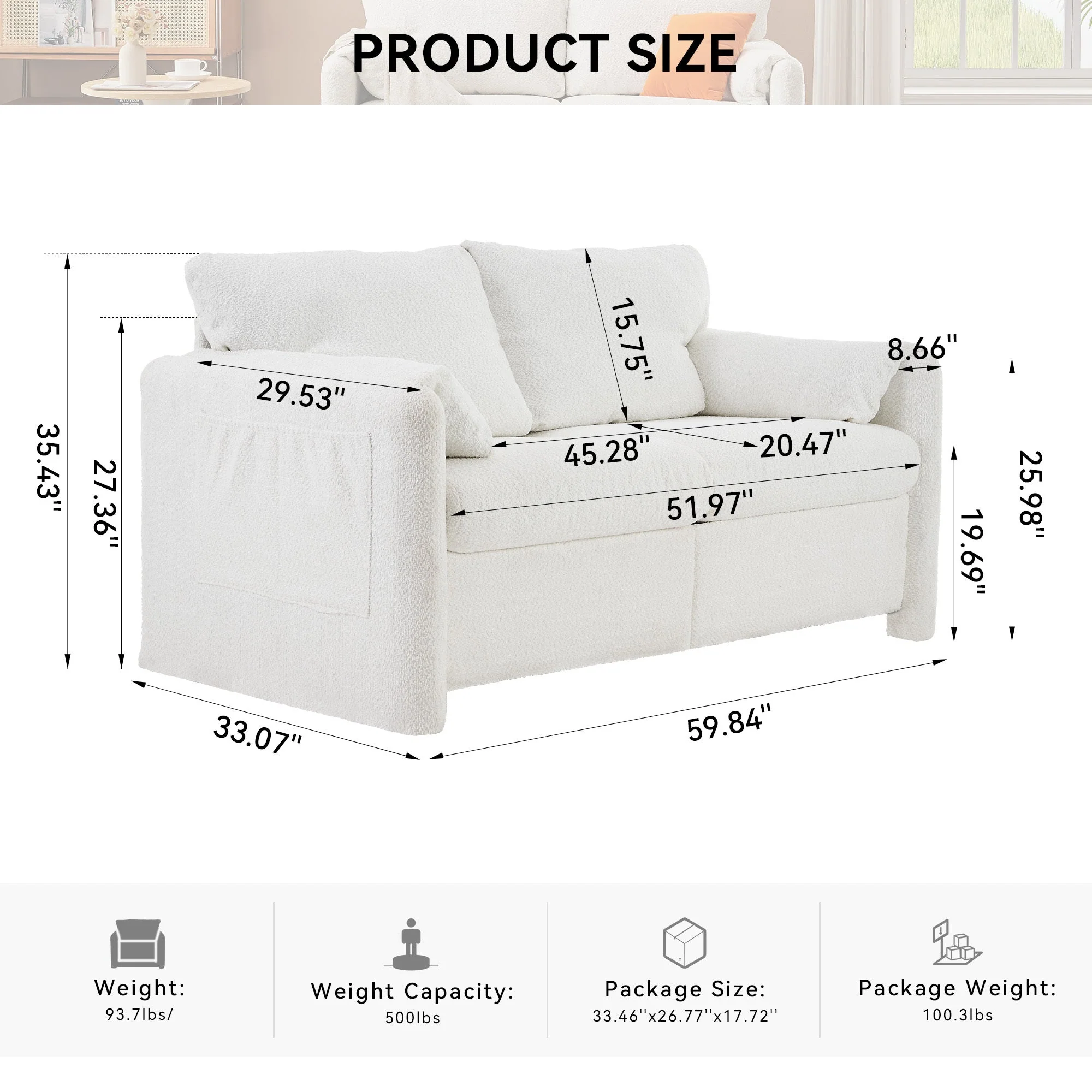 Modern Loveseat Sofa 2-Seater - Plush Chenille Fabric Ivory White - Image 3