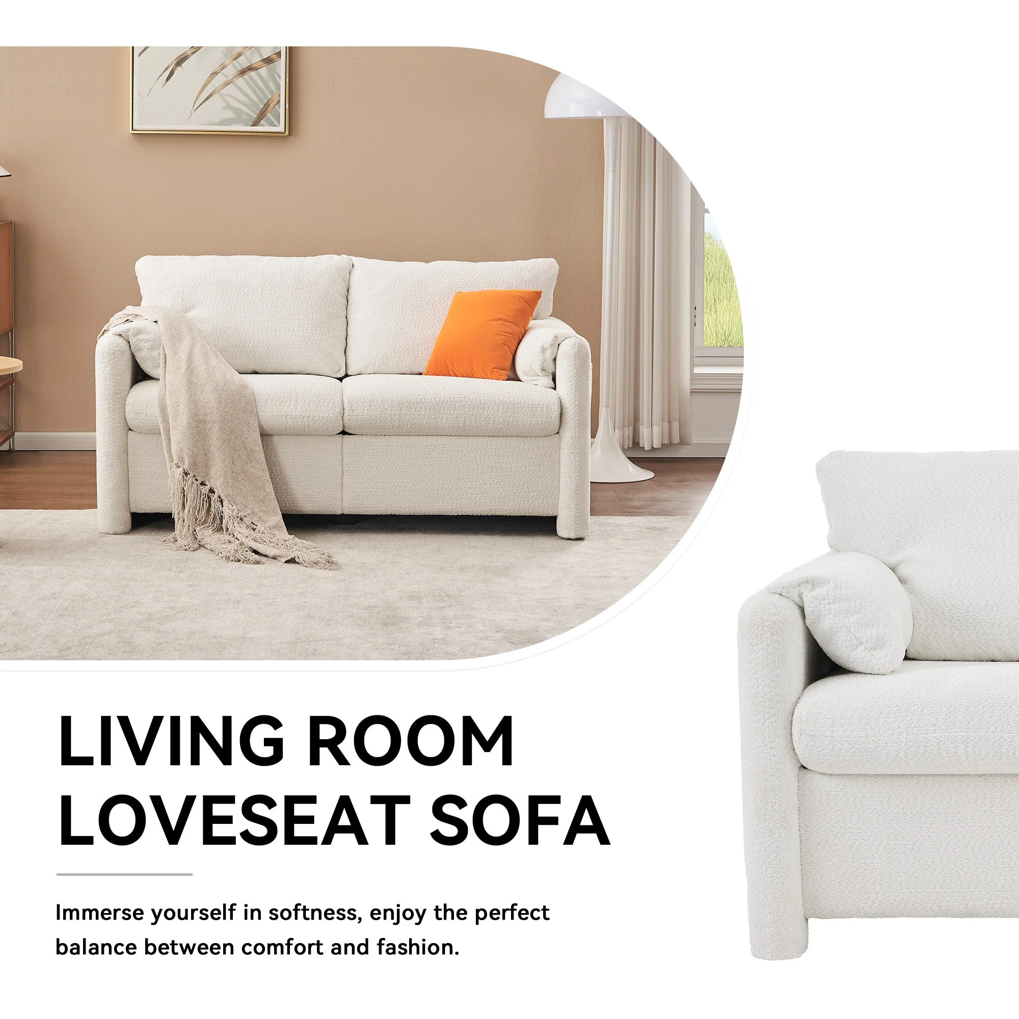 Modern Loveseat Sofa 2-Seater - Plush Chenille Fabric Ivory White - Image 5