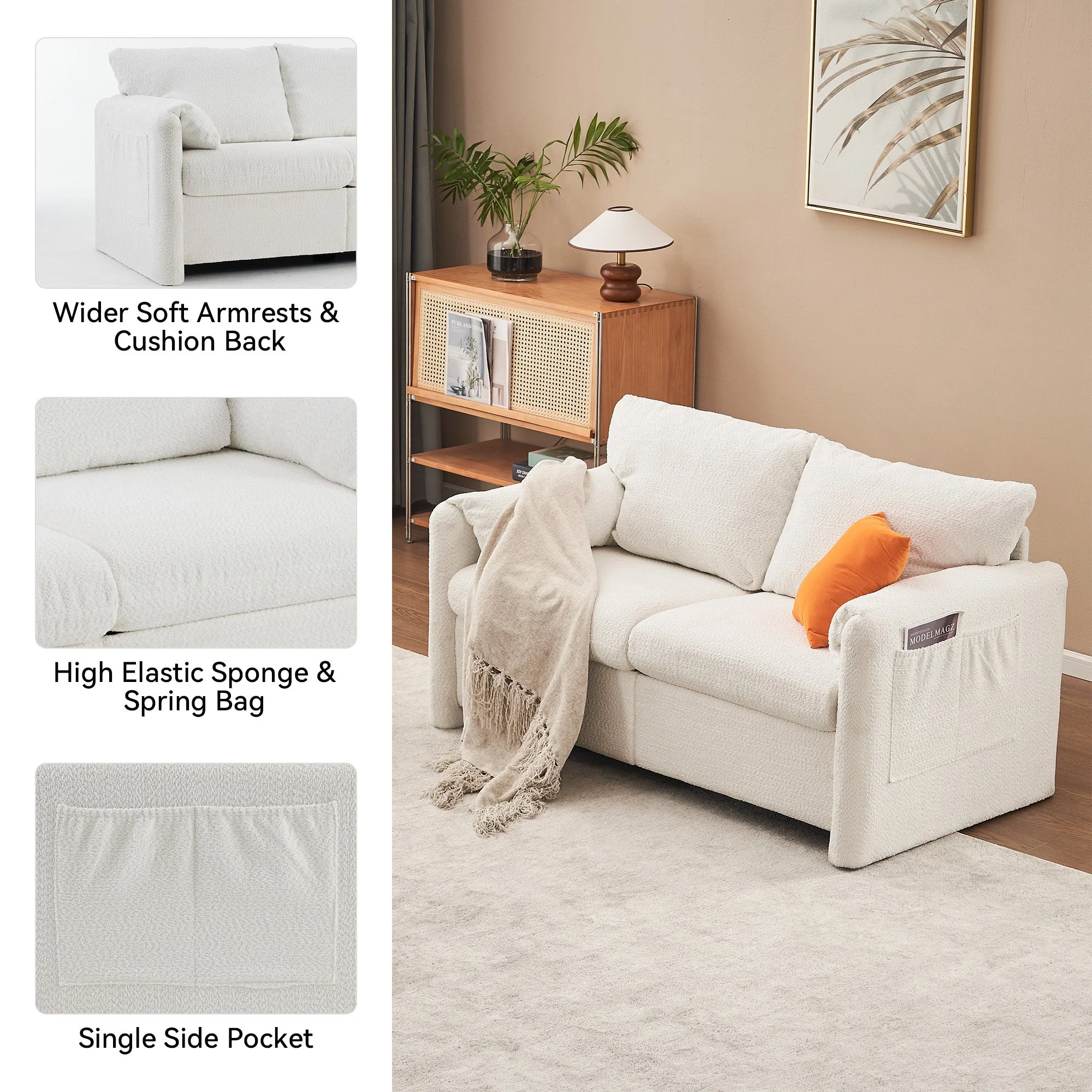 Modern Loveseat Sofa 2-Seater - Plush Chenille Fabric Ivory White - Image 6