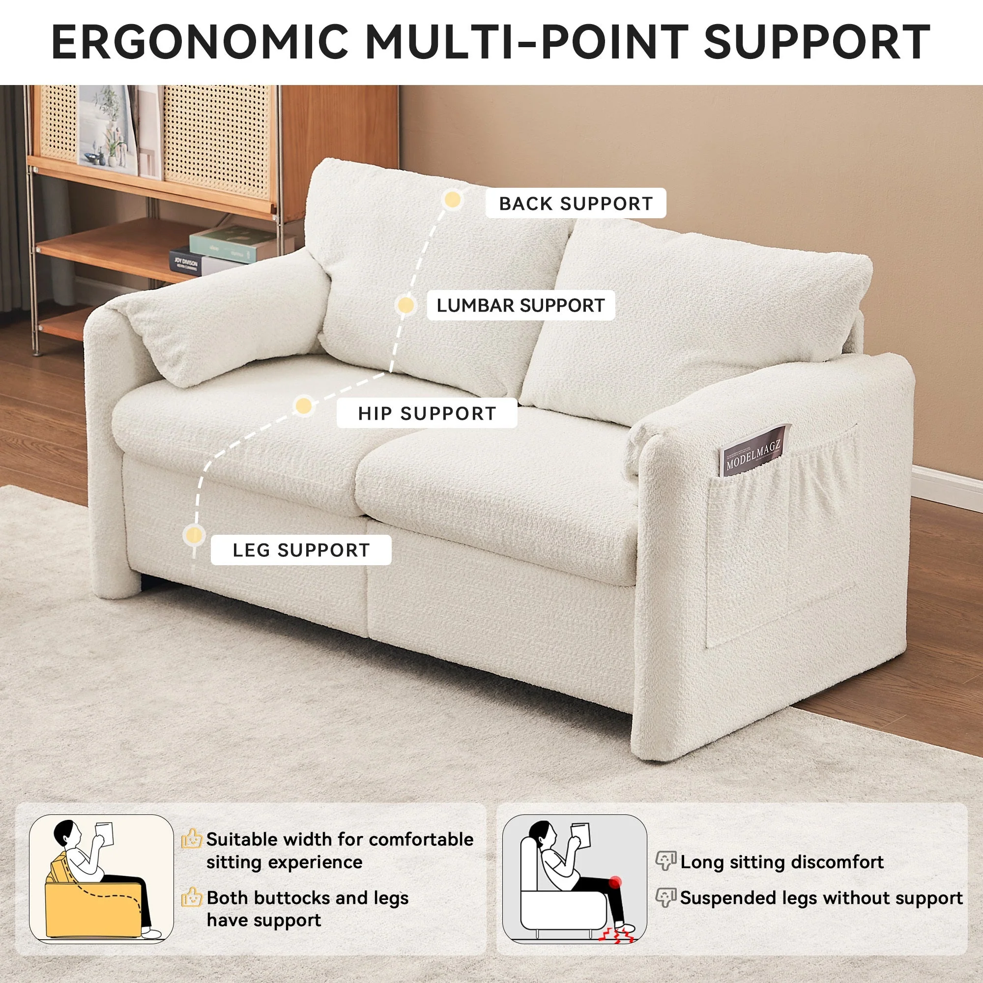 Modern Loveseat Sofa 2-Seater - Plush Chenille Fabric Ivory White - Image 7