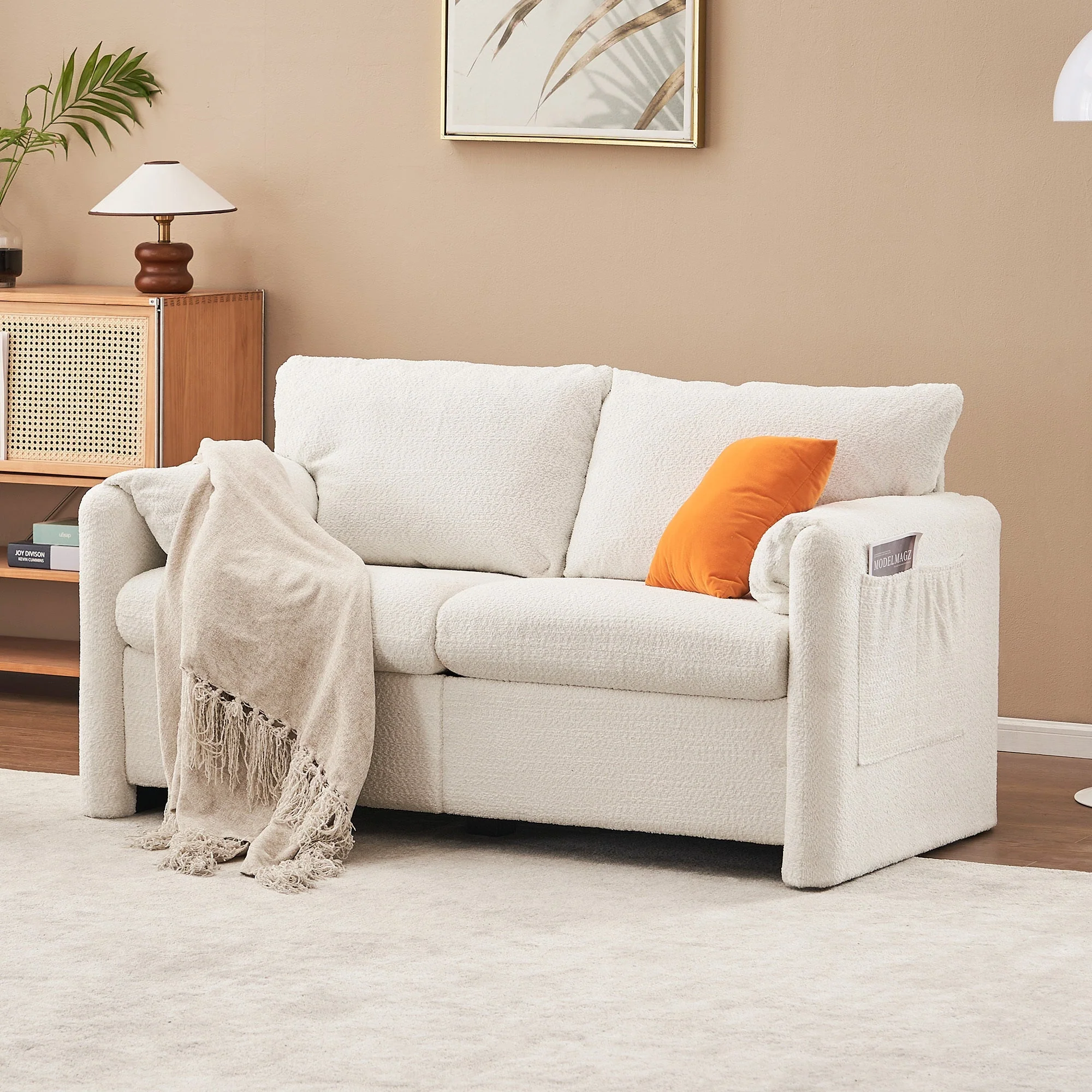 Modern Loveseat Sofa 2-Seater - Plush Chenille Fabric Ivory White - Image 8