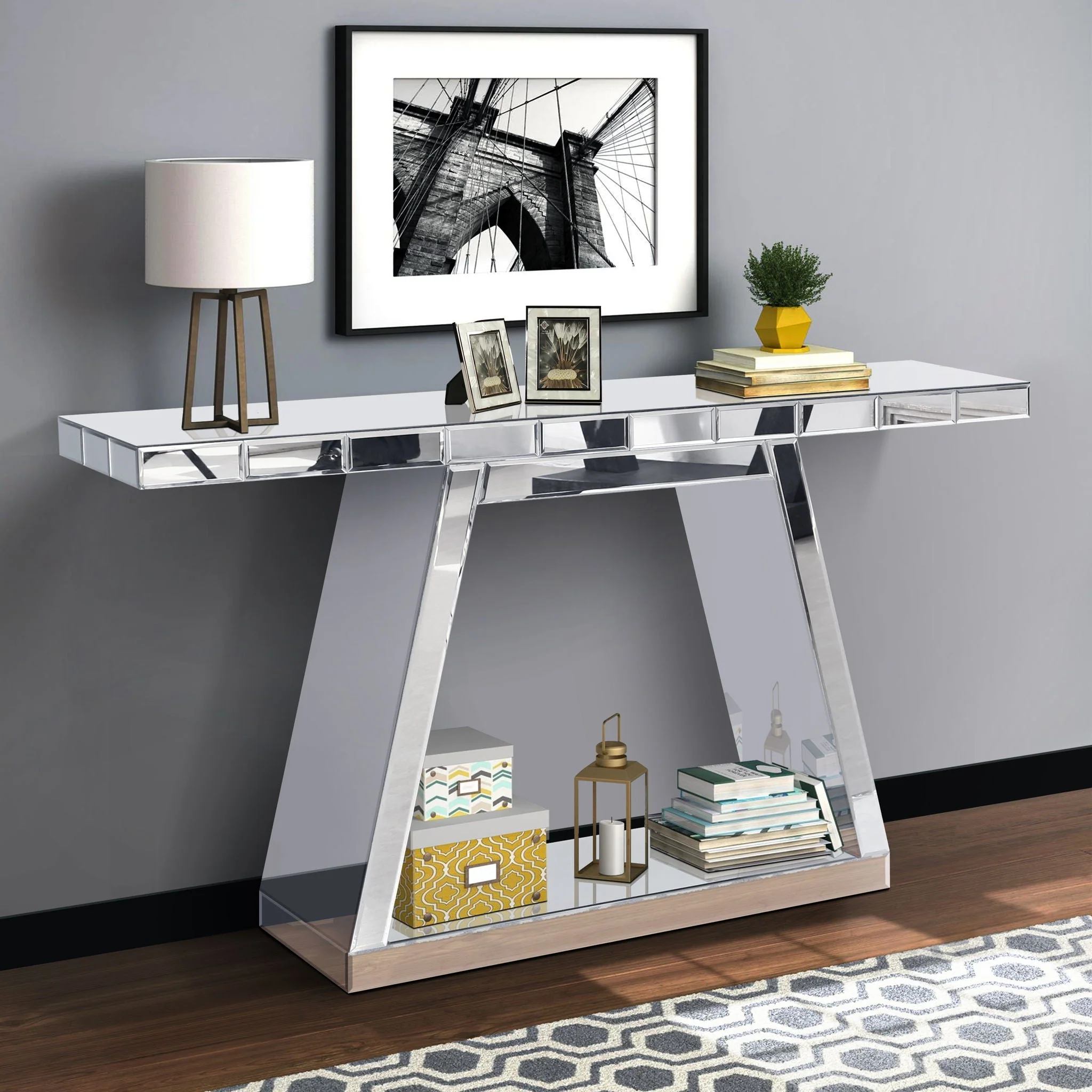 Modern Luxe Full Body Mirror Entryway Table With Trapezoid Base, 360° Reflective Console, Scratch Resistant, Open Storage - Silver - Image 3
