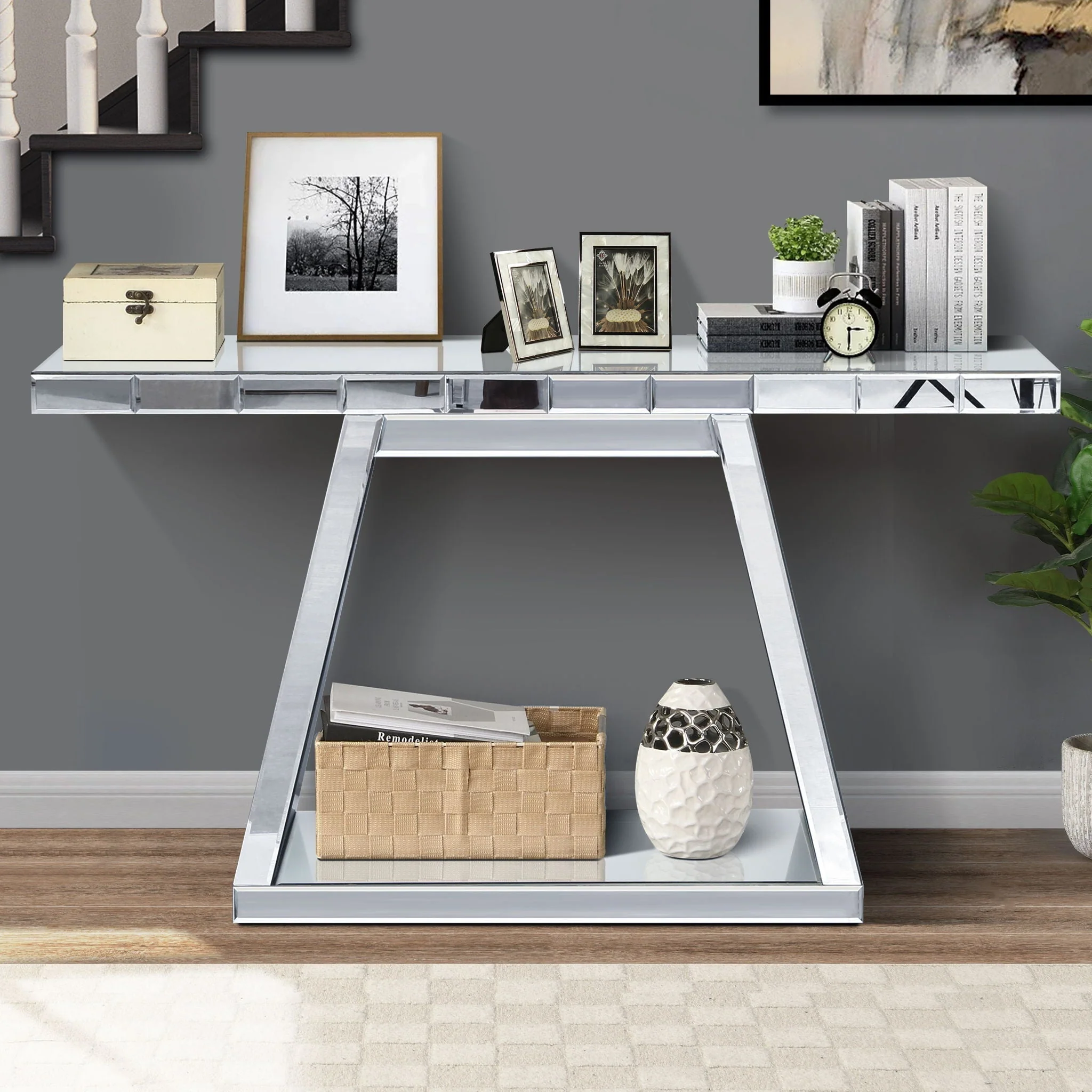 Modern Luxe Full Body Mirror Entryway Table With Trapezoid Base, 360° Reflective Console, Scratch Resistant, Open Storage - Silver - Image 4