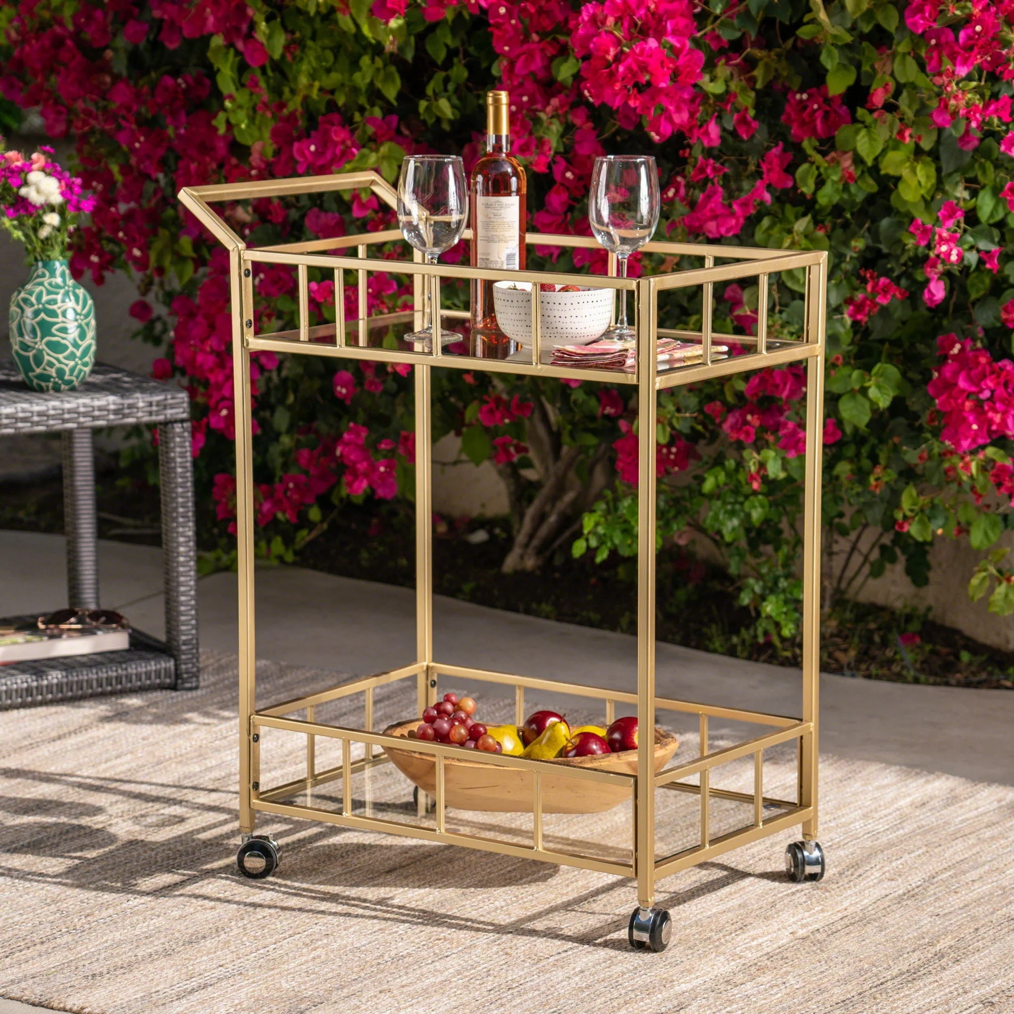 Modern Metal and Glass Bar Cart with Rolling Casters - Gold - Image 2