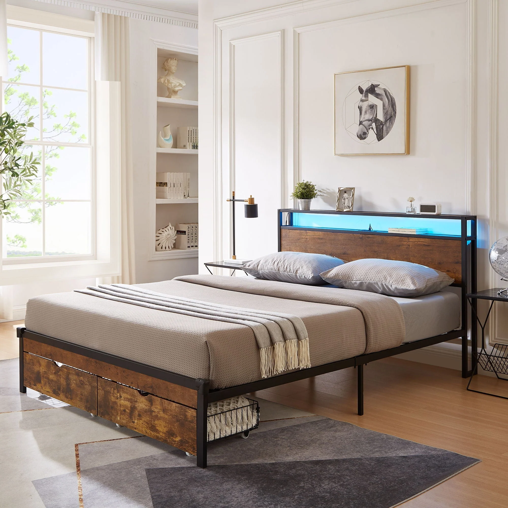 Modern Metal Platform Bed Frame With Wooden Headboard, USB Charging, LED Lights, And Storage - Image 2
