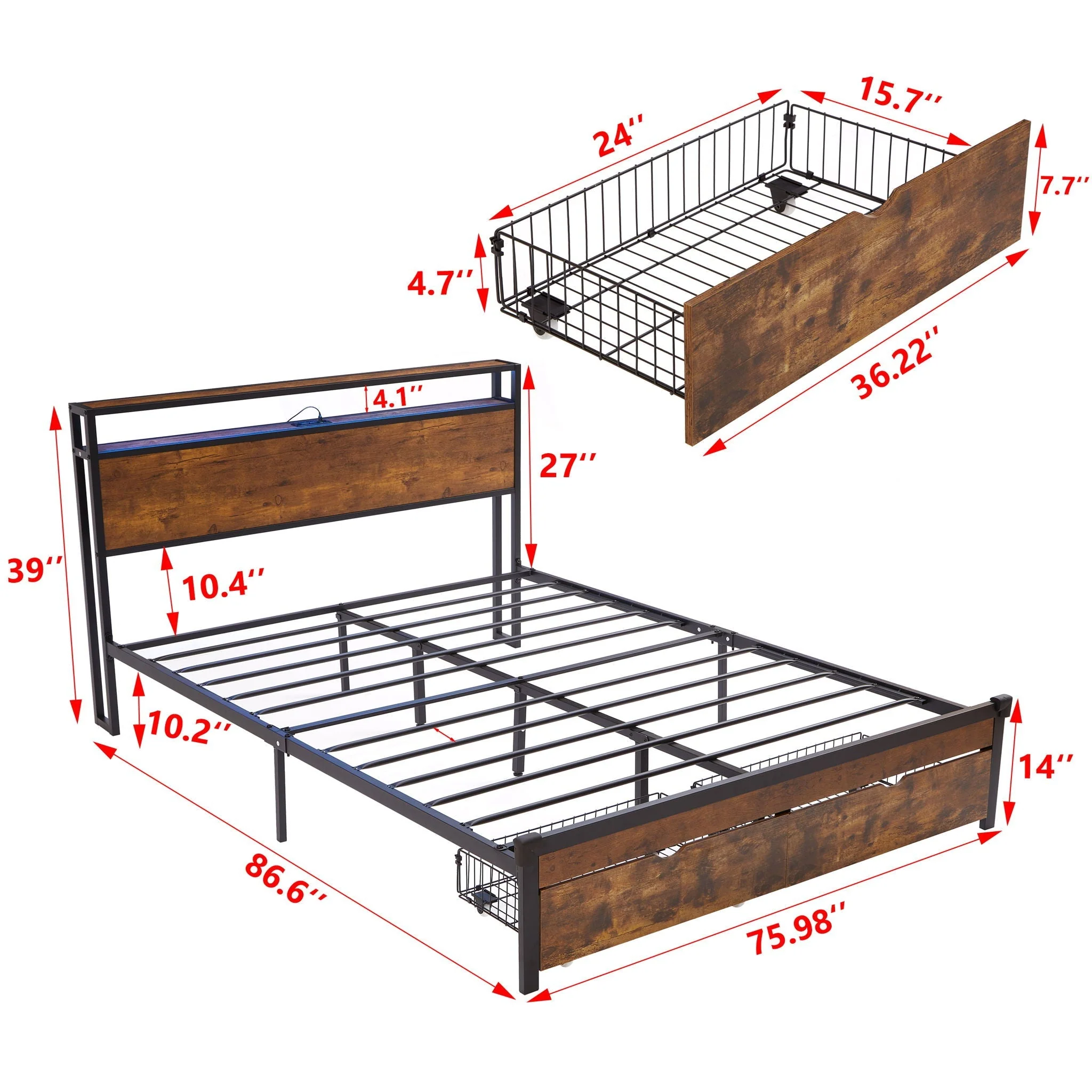 Modern Metal Platform Bed Frame With Wooden Headboard, USB Charging, LED Lights, And Storage - Image 3
