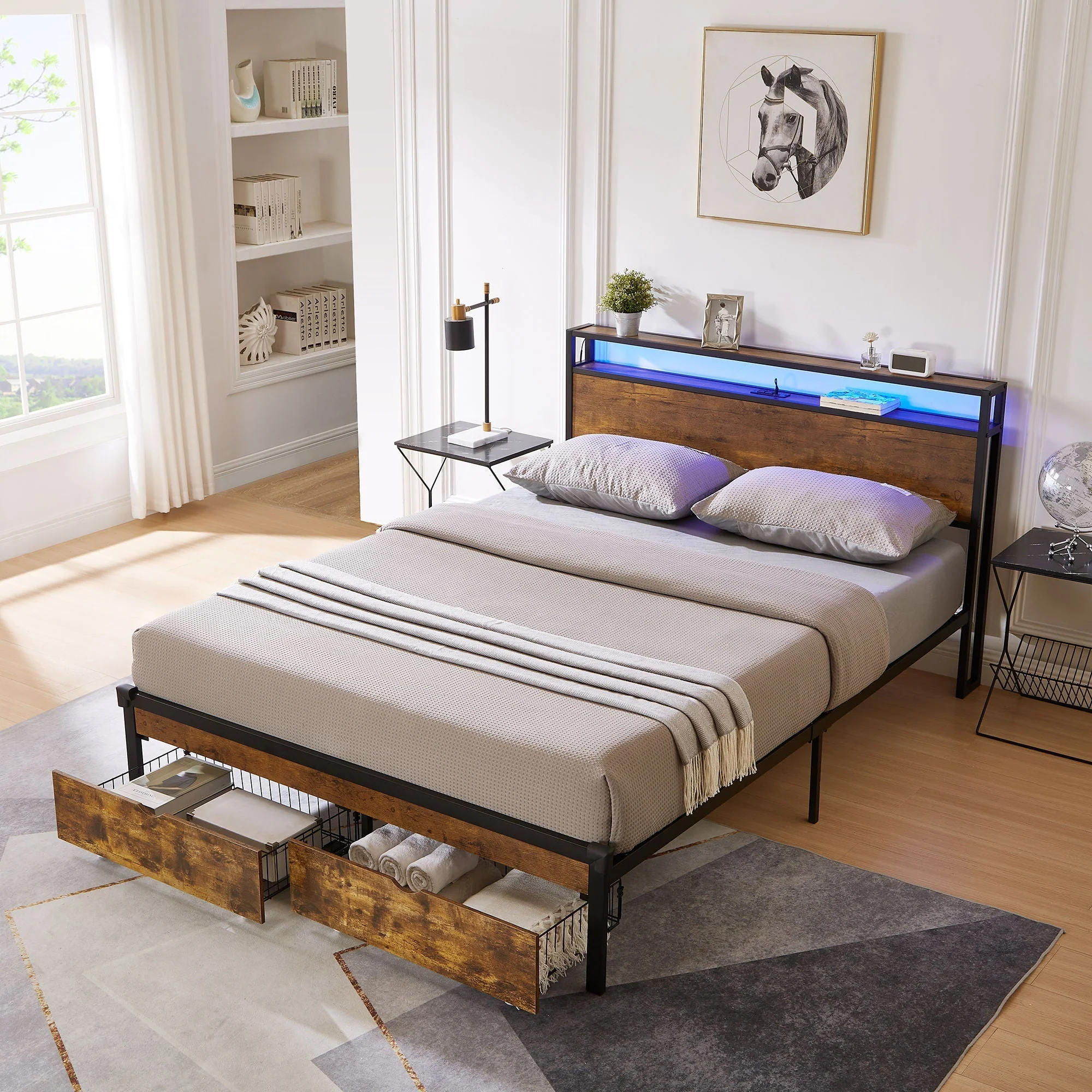 Modern Metal Platform Bed Frame With Wooden Headboard, USB Charging, LED Lights, And Storage - Image 4