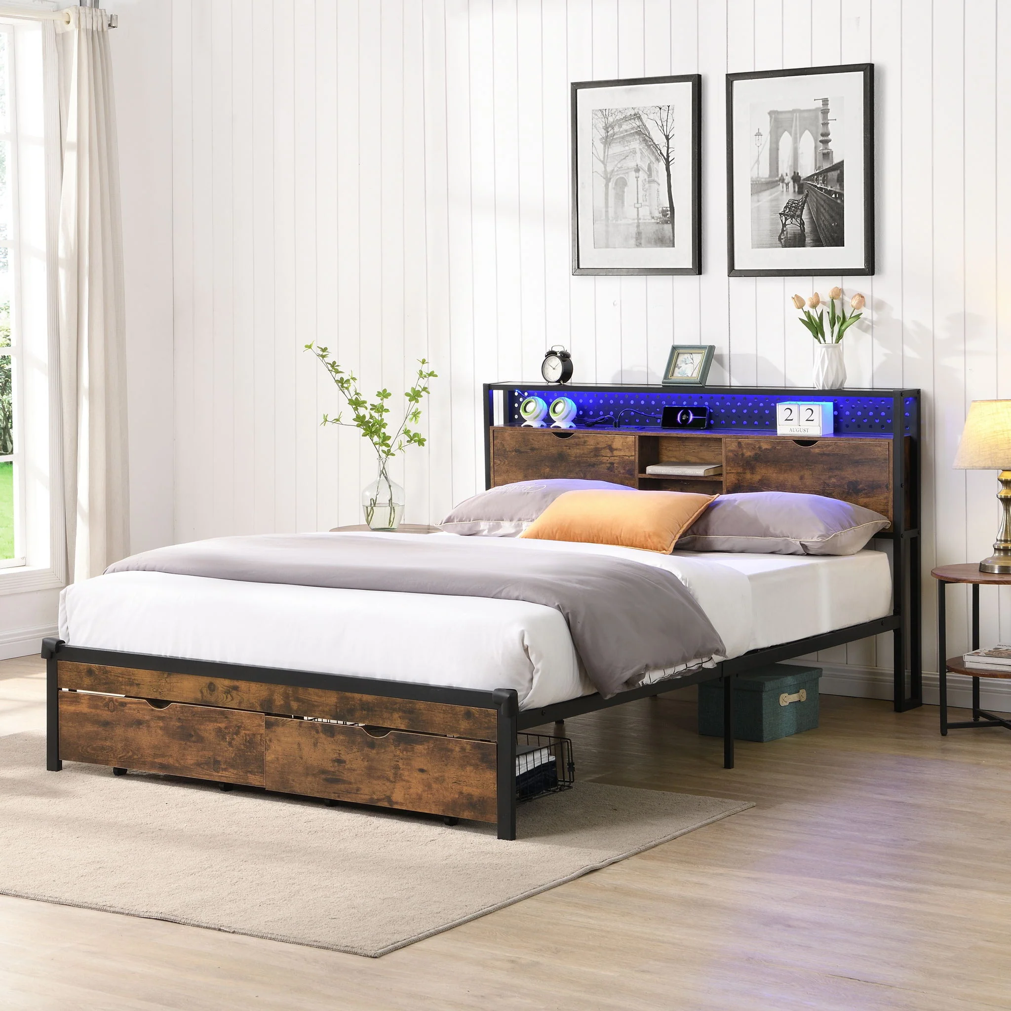 Modern Metal Platform Bed Frame With Wooden Headboard, USB Charging Station, Storage Drawers - Image 3
