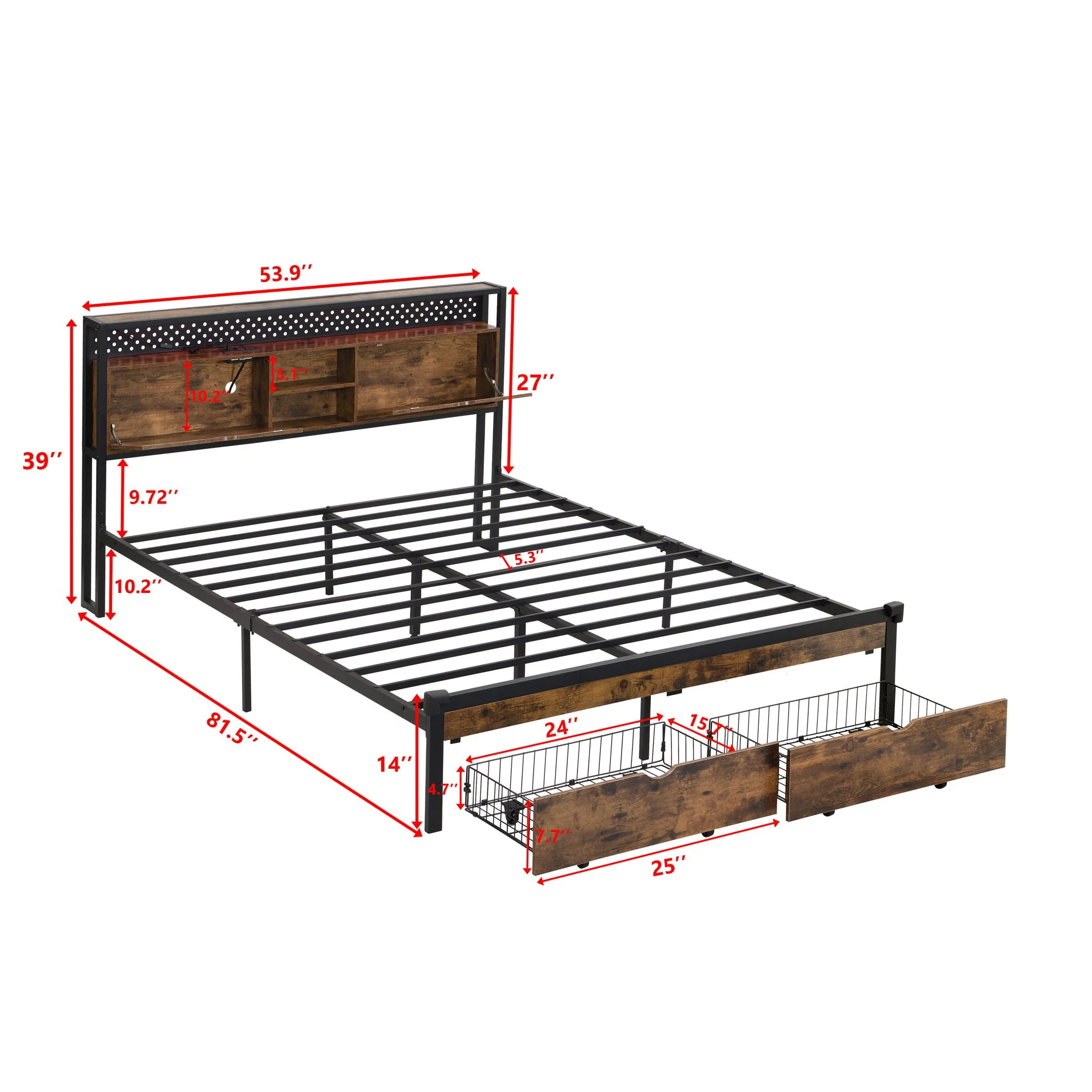 Modern Metal Platform Bed Frame With Wooden Headboard, USB Charging Station, Storage Drawers - Image 4